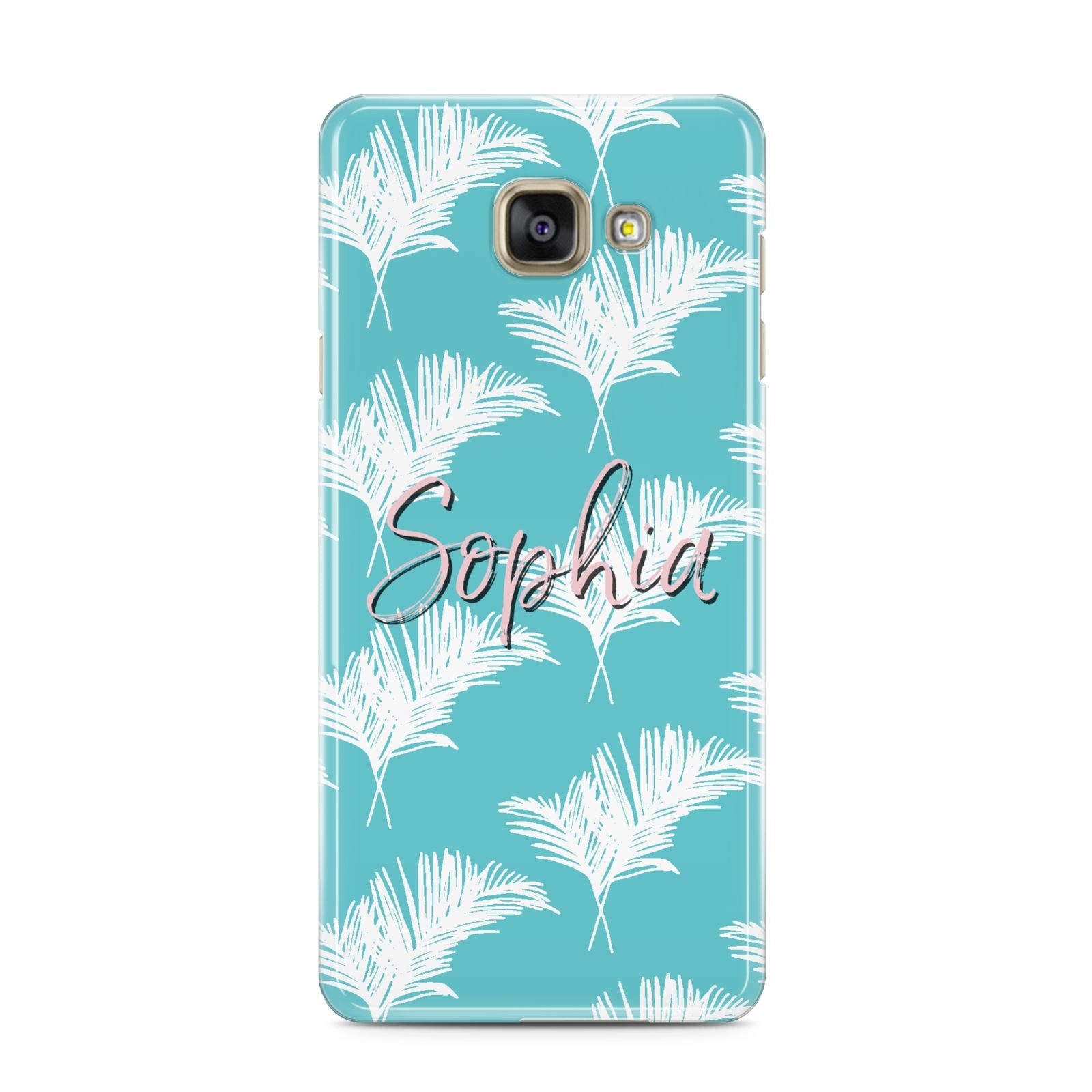 Personalised Blue White Tropical Foliage Samsung Galaxy A3 2016 Case on gold phone
