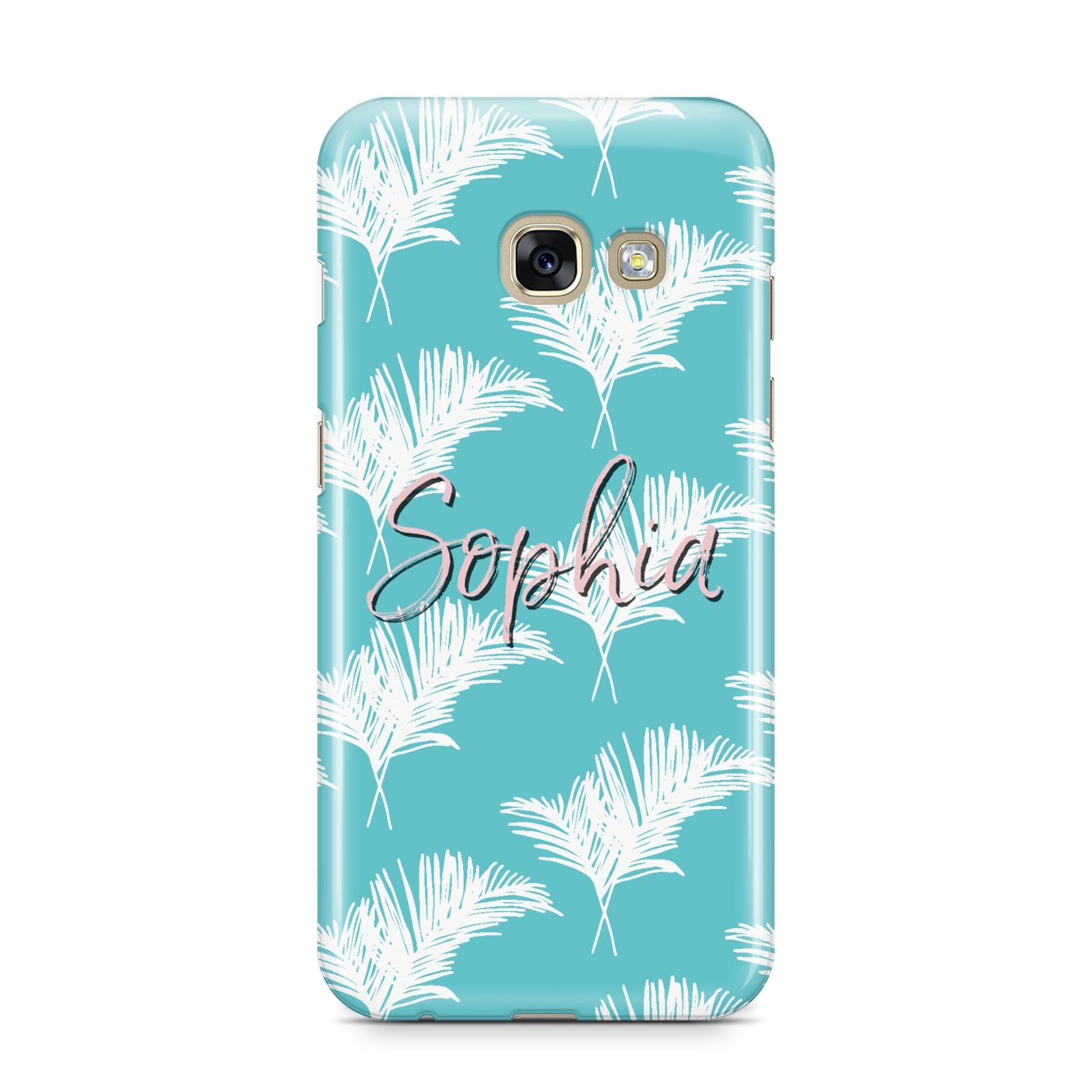 Personalised Blue White Tropical Foliage Samsung Galaxy A3 2017 Case on gold phone
