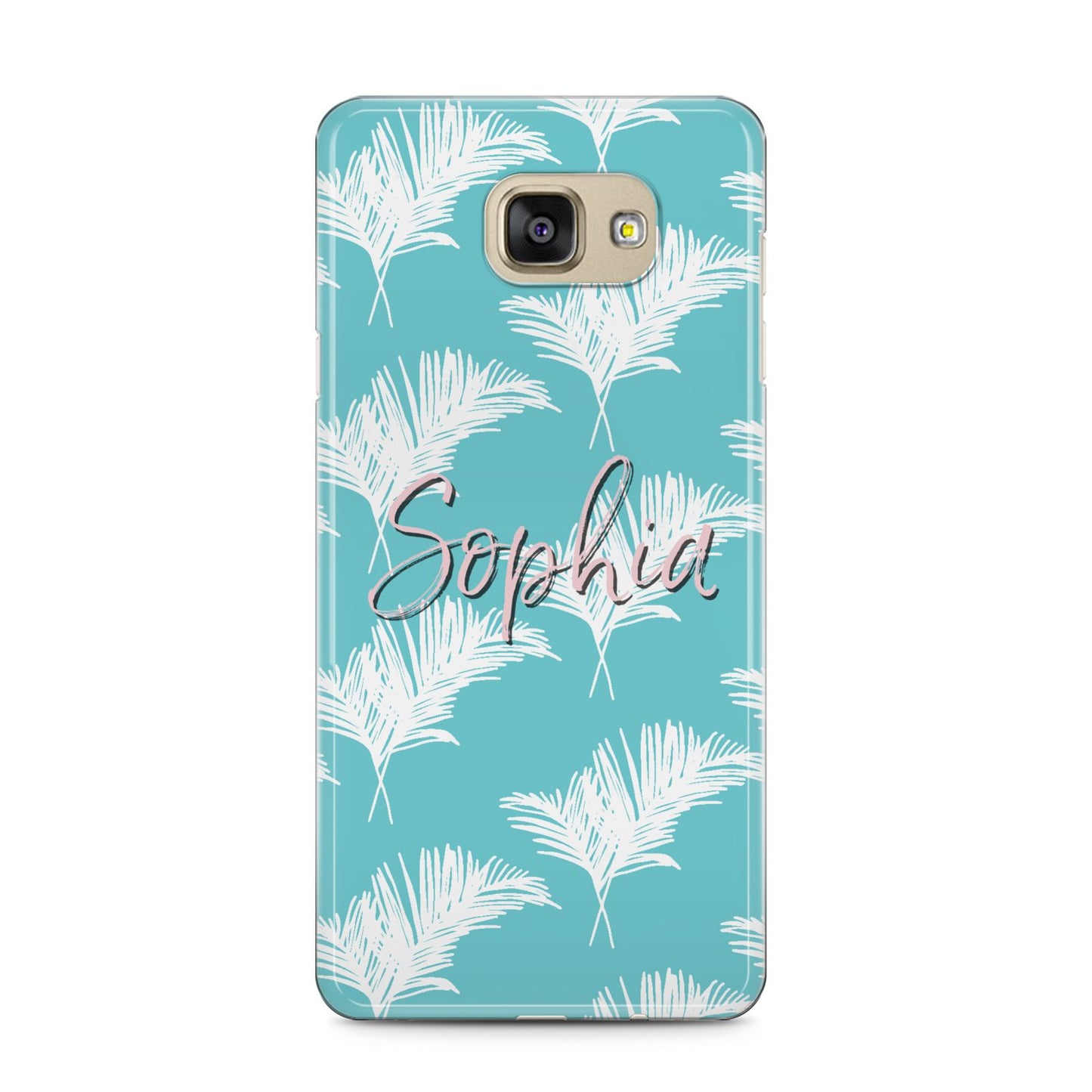 Personalised Blue White Tropical Foliage Samsung Galaxy A5 2016 Case on gold phone