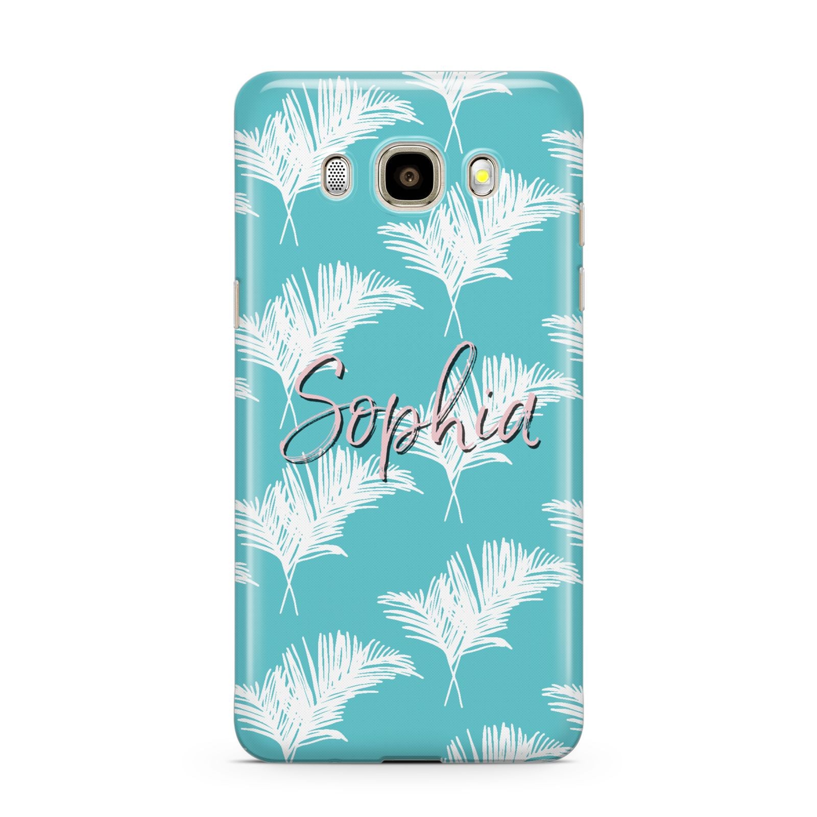Personalised Blue White Tropical Foliage Samsung Galaxy J7 2016 Case on gold phone