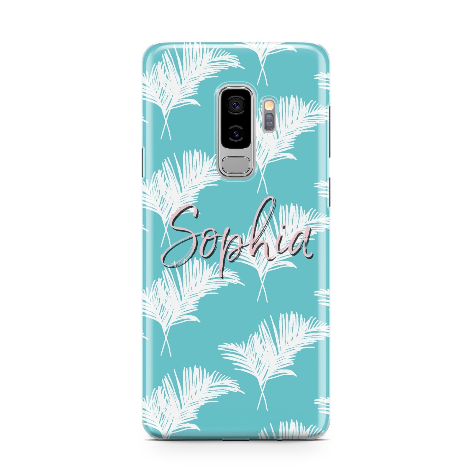 Personalised Blue White Tropical Foliage Samsung Galaxy S9 Plus Case on Silver phone