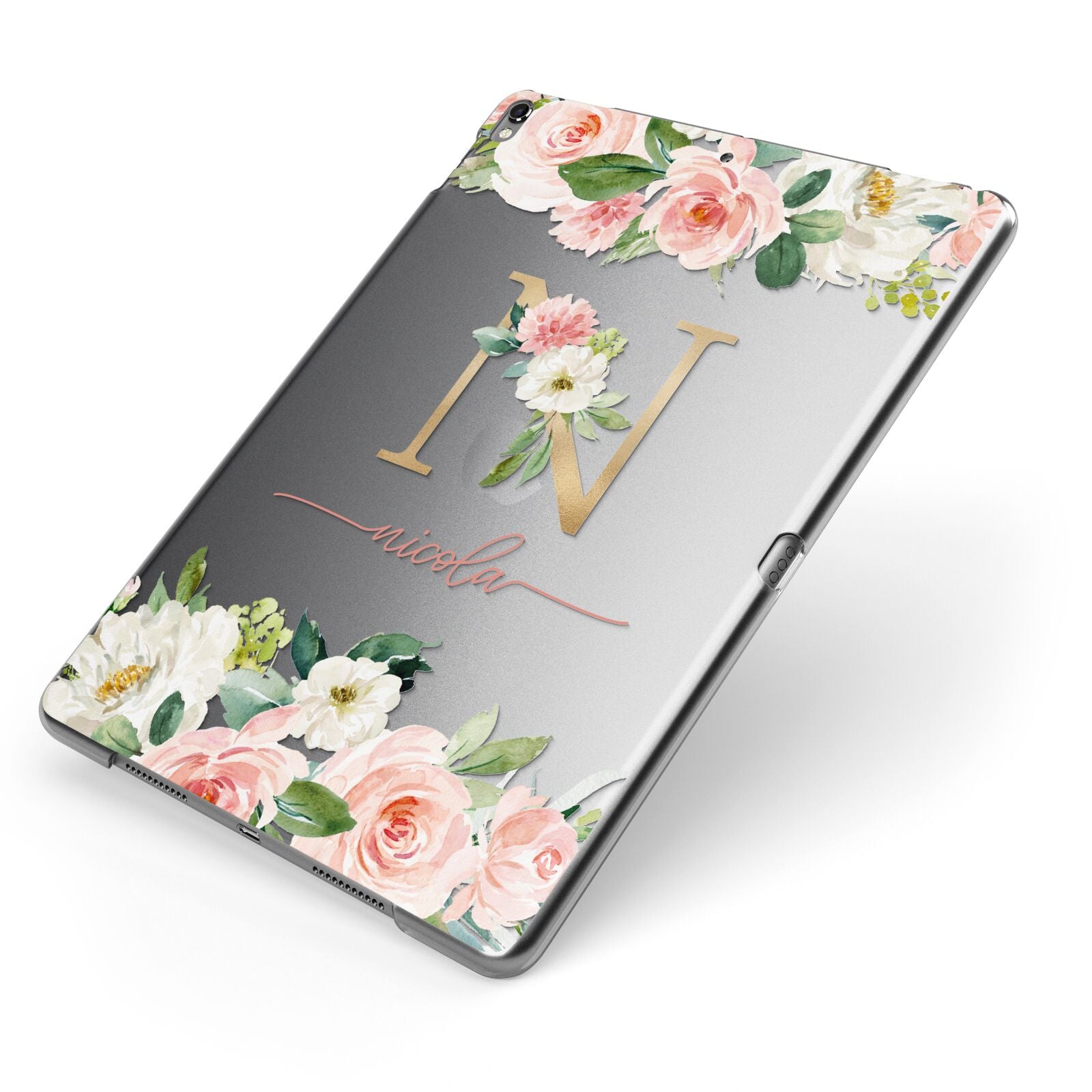 Personalised Blush Floral Monogram Apple iPad Case on Grey iPad Side View