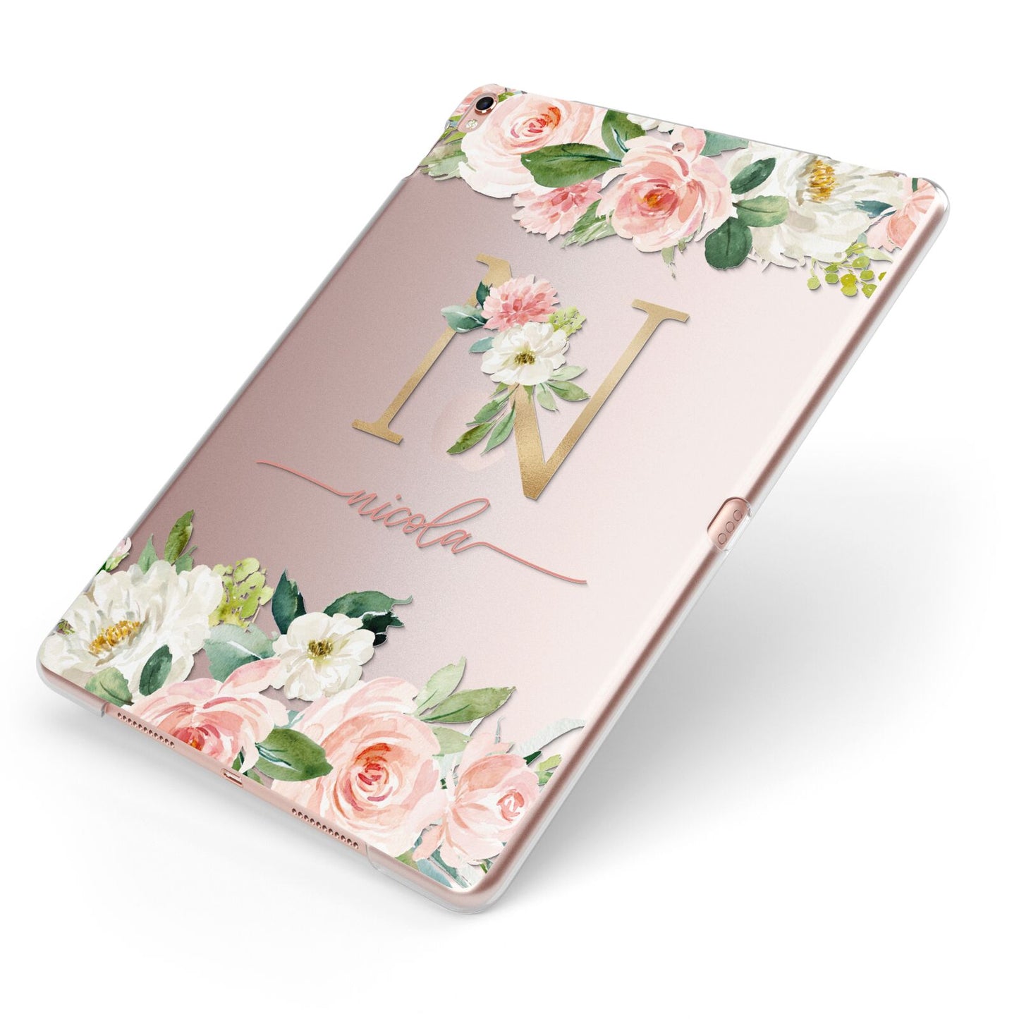 Personalised Blush Floral Monogram Apple iPad Case on Rose Gold iPad Side View