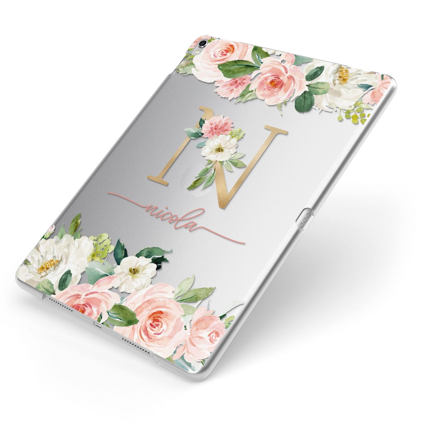 Personalised Blush Floral Monogram Apple iPad Case on Silver iPad Side View