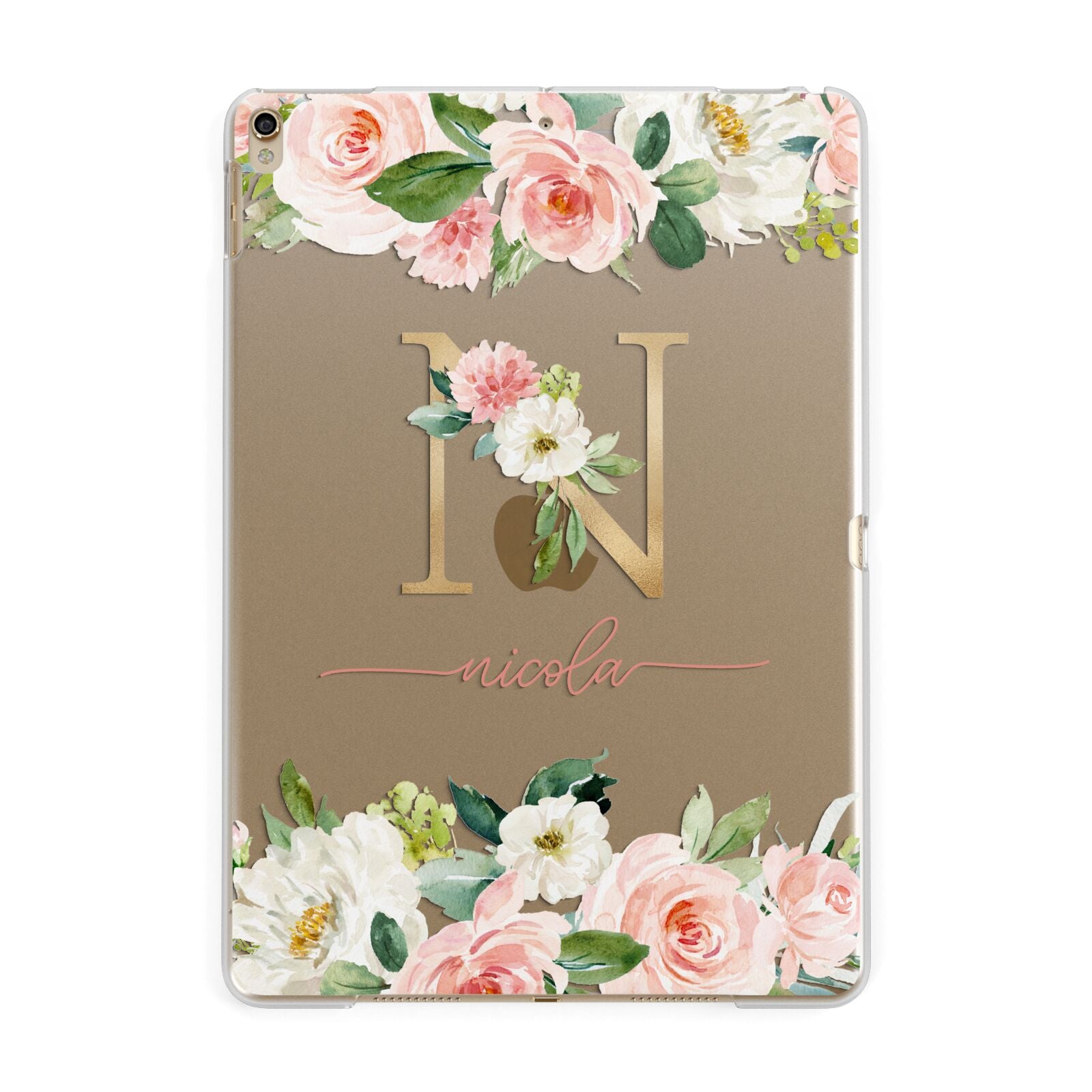 Personalised Blush Floral Monogram Apple iPad Gold Case