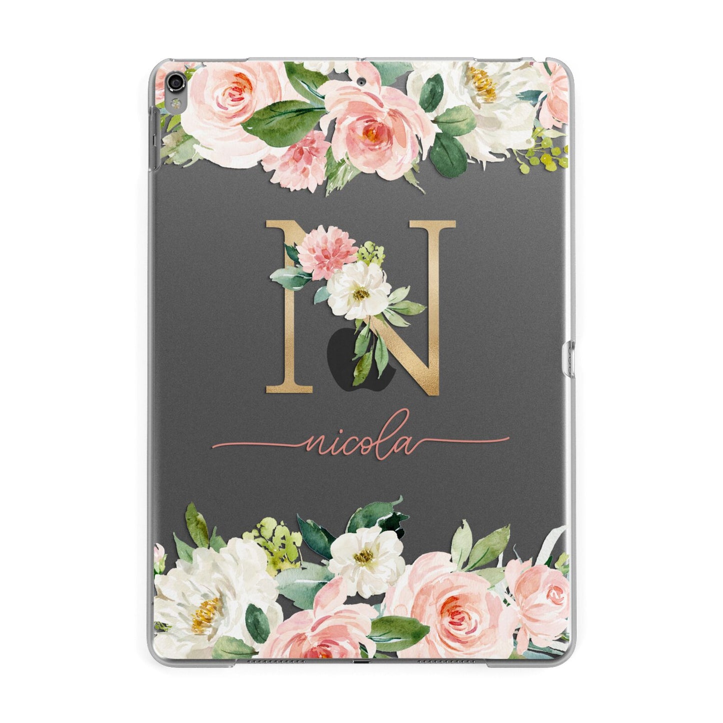 Personalised Blush Floral Monogram Apple iPad Grey Case