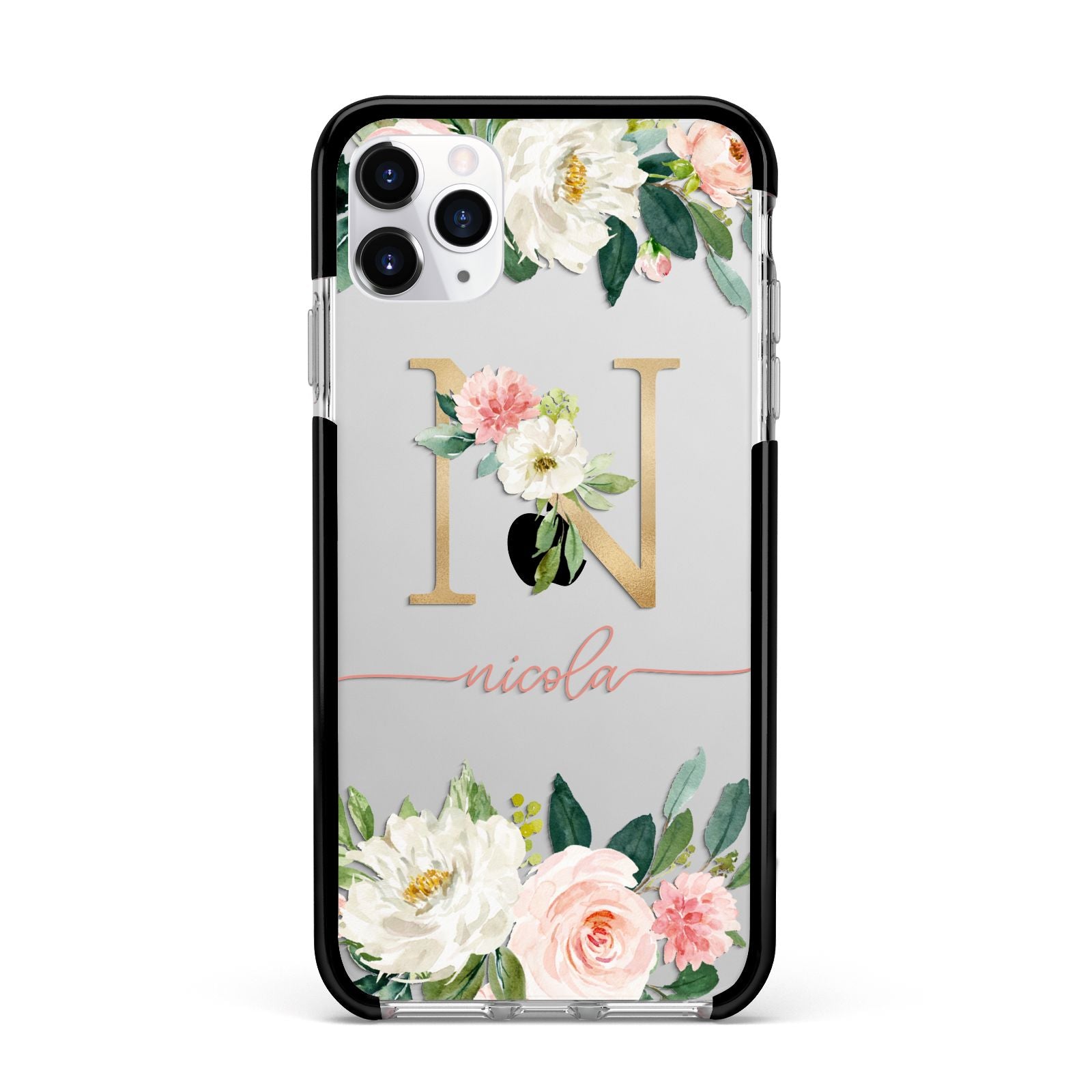 Personalised Blush Floral Monogram Apple iPhone 11 Pro Max in Silver with Black Impact Case
