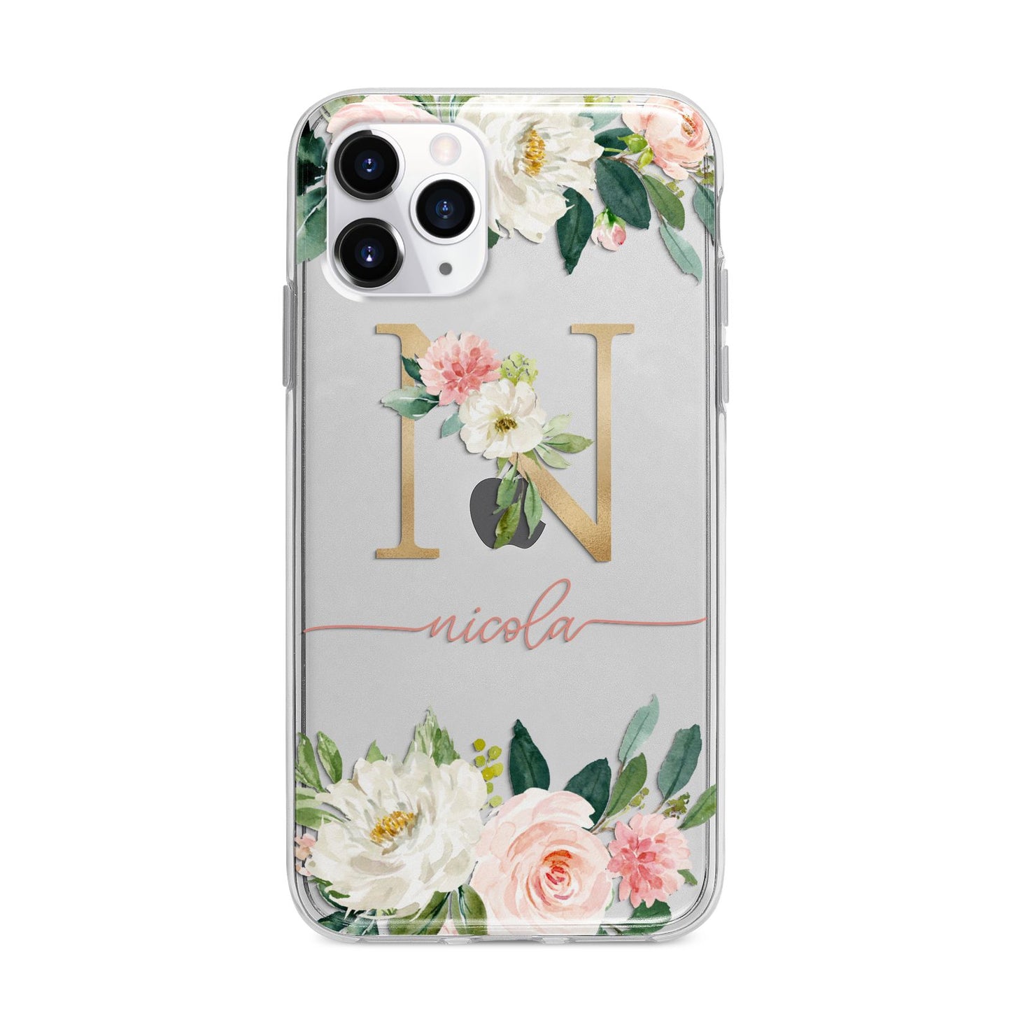 Personalised Blush Floral Monogram Apple iPhone 11 Pro Max in Silver with Bumper Case