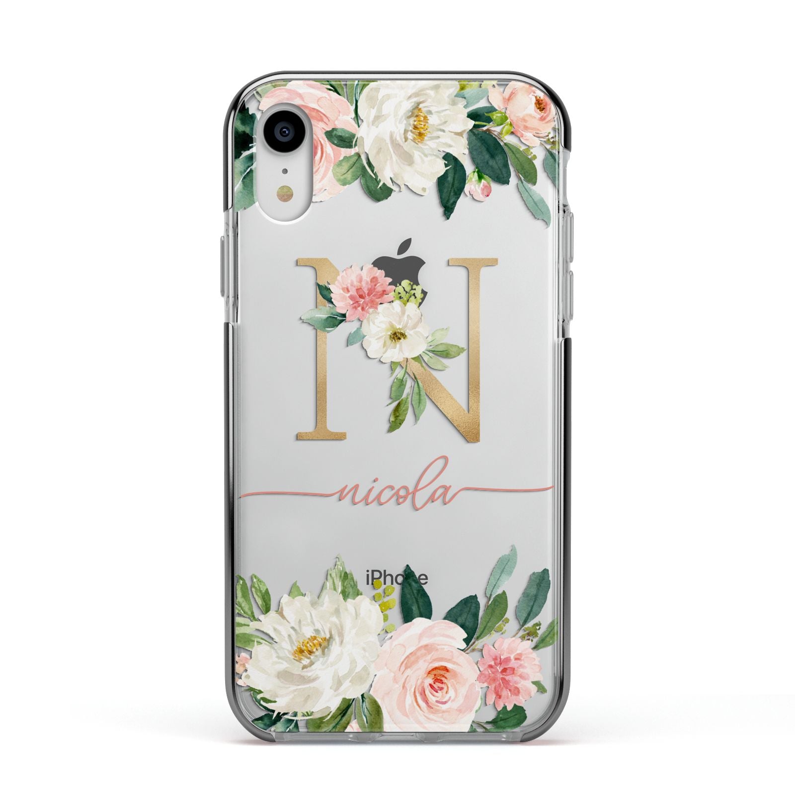 Personalised Blush Floral Monogram Apple iPhone XR Impact Case Black Edge on Silver Phone