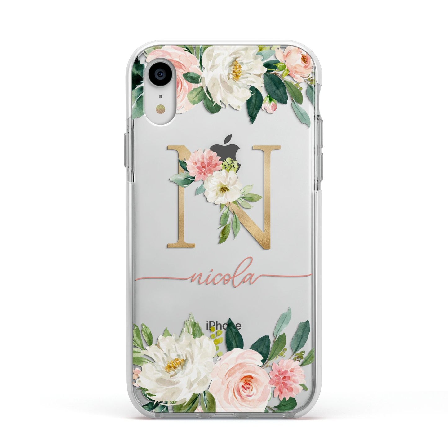 Personalised Blush Floral Monogram Apple iPhone XR Impact Case White Edge on Silver Phone