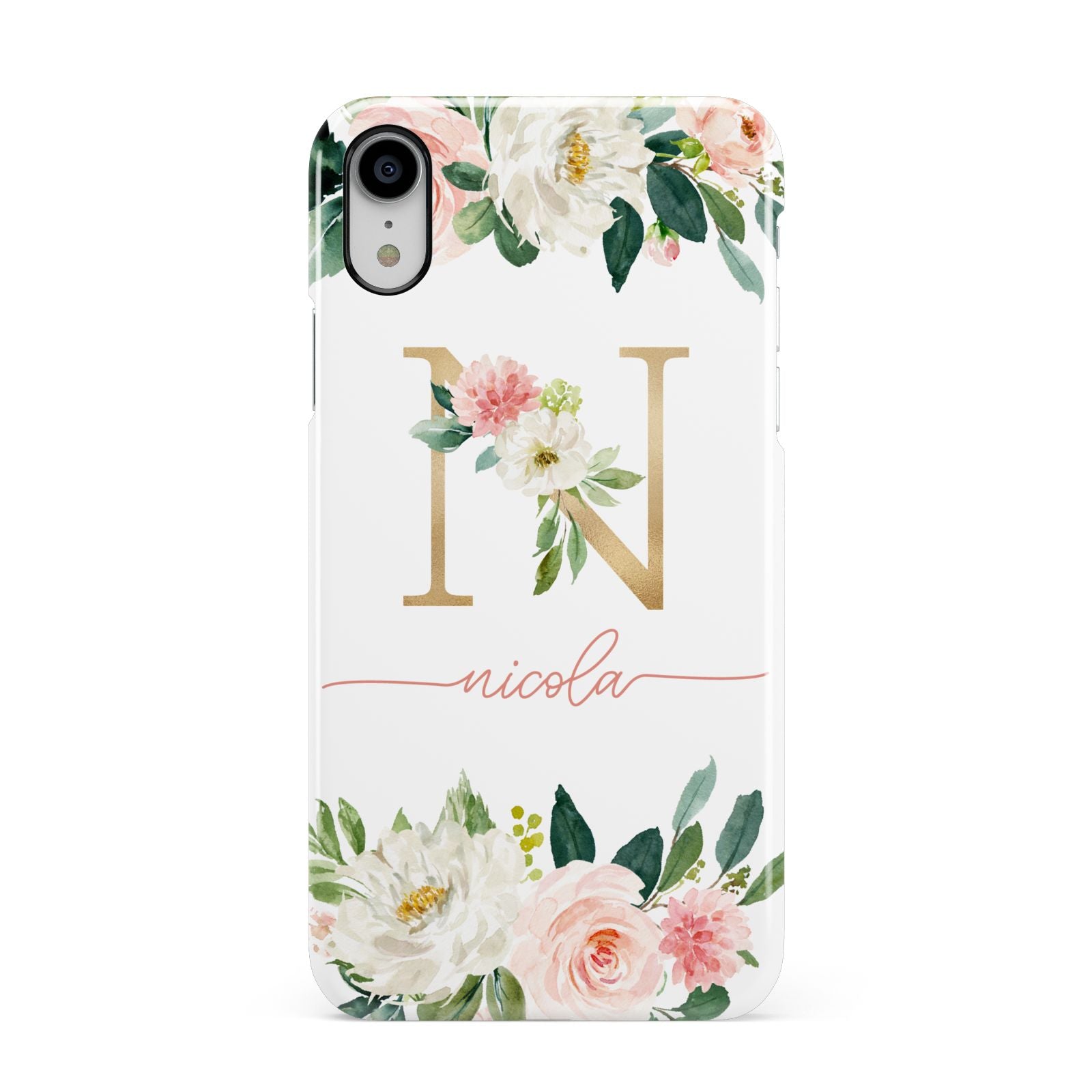 Personalised Blush Floral Monogram Apple iPhone XR White 3D Snap Case