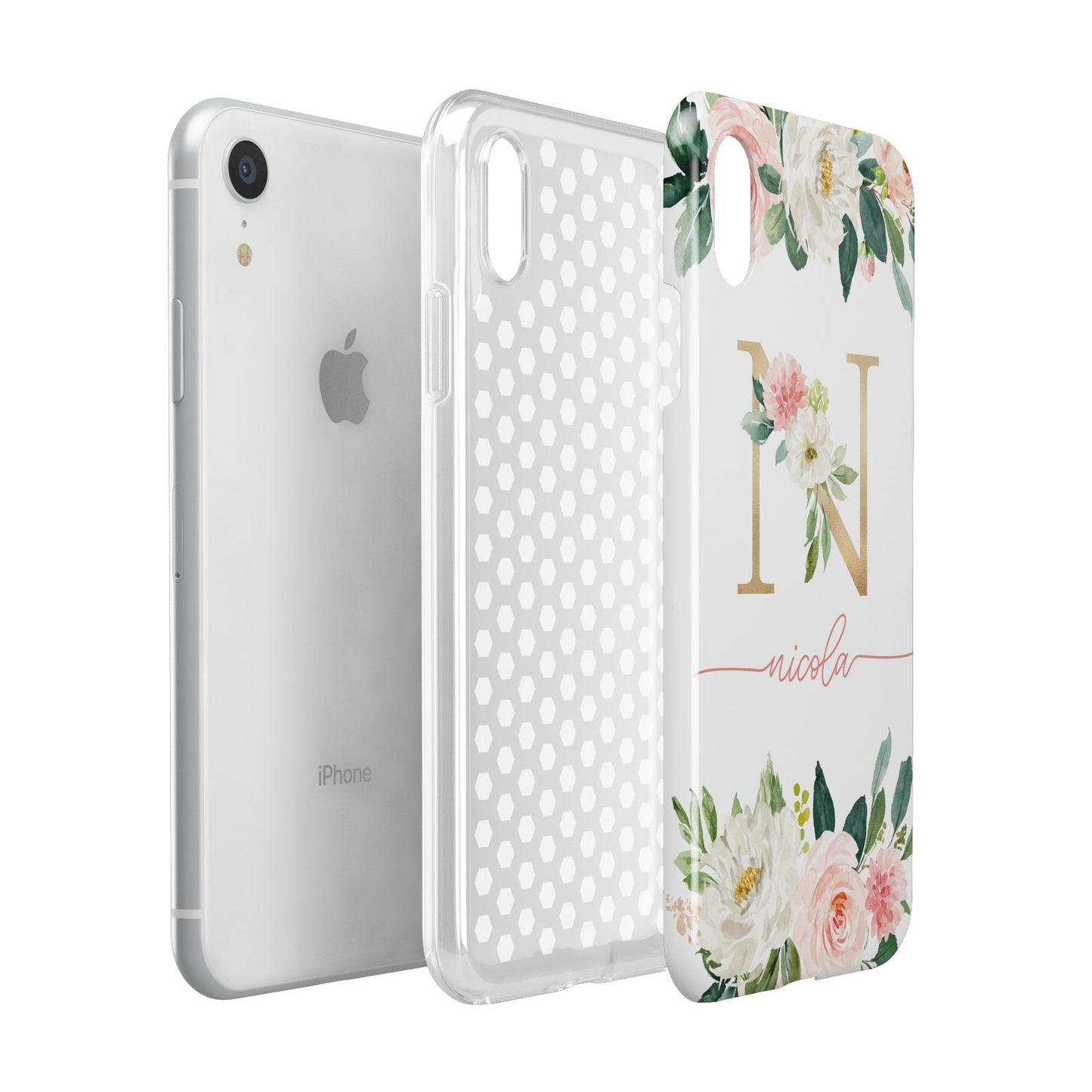 Personalised Blush Floral Monogram Apple iPhone XR White 3D Tough Case Expanded view
