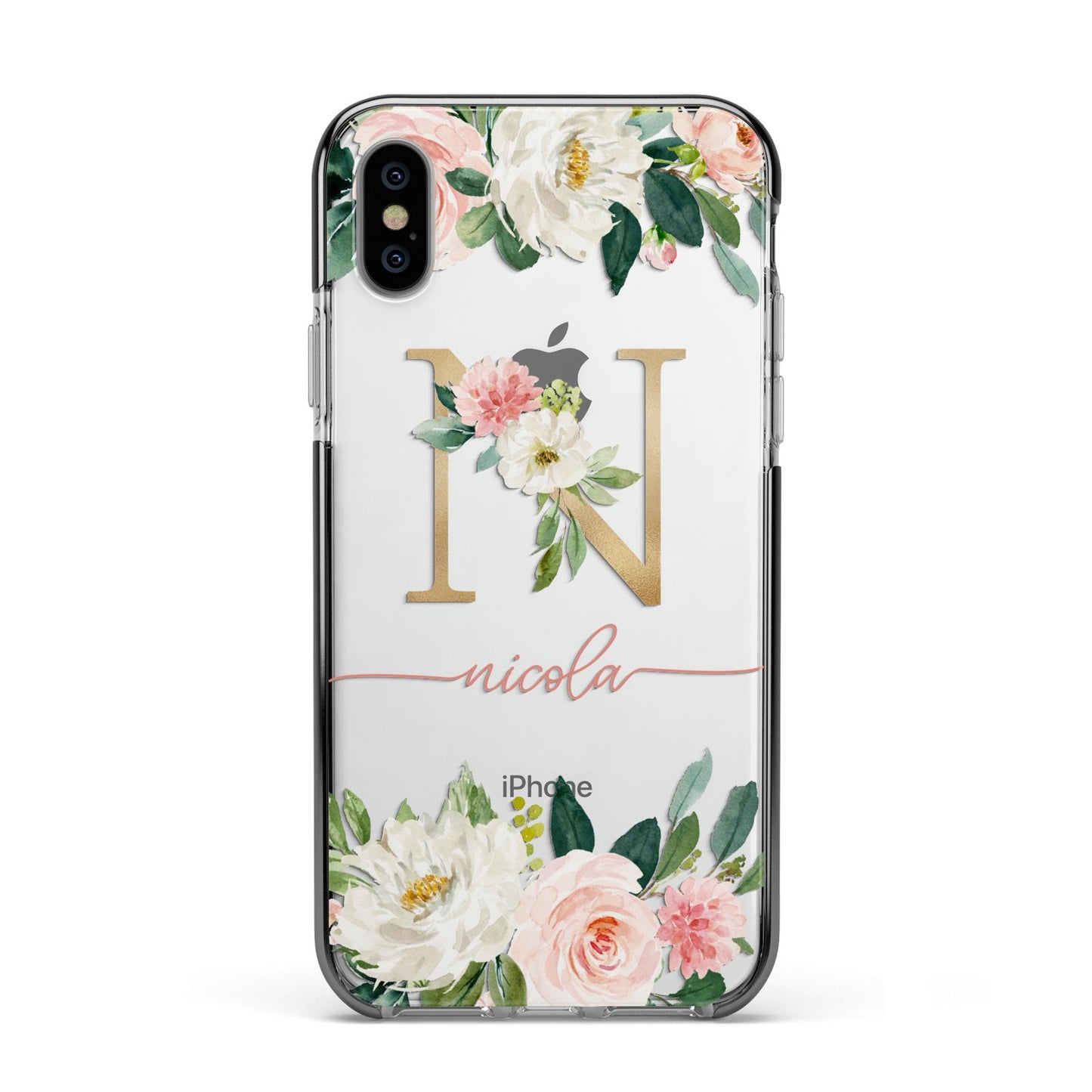 Personalised Blush Floral Monogram Apple iPhone Xs Impact Case Black Edge on Silver Phone