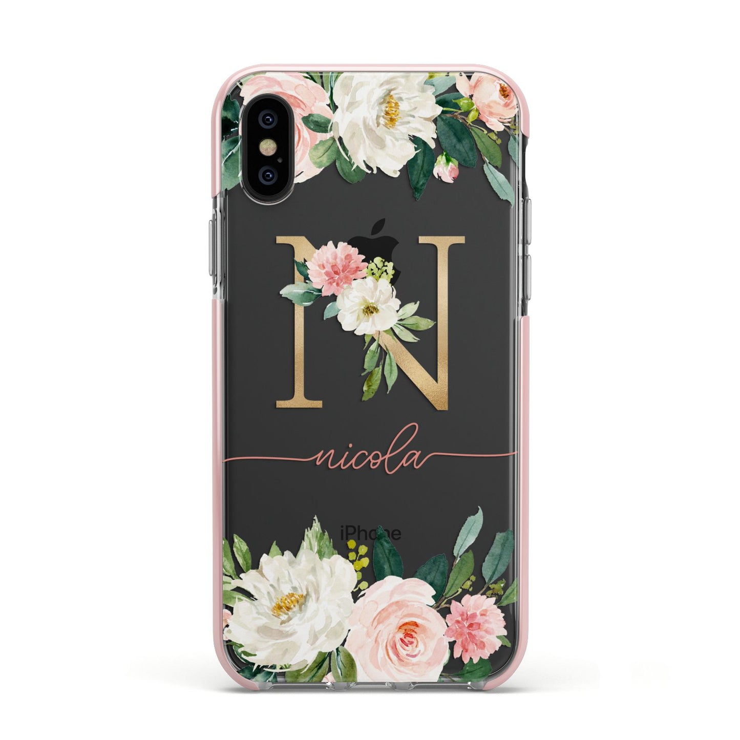 Personalised Blush Floral Monogram Apple iPhone Xs Impact Case Pink Edge on Black Phone