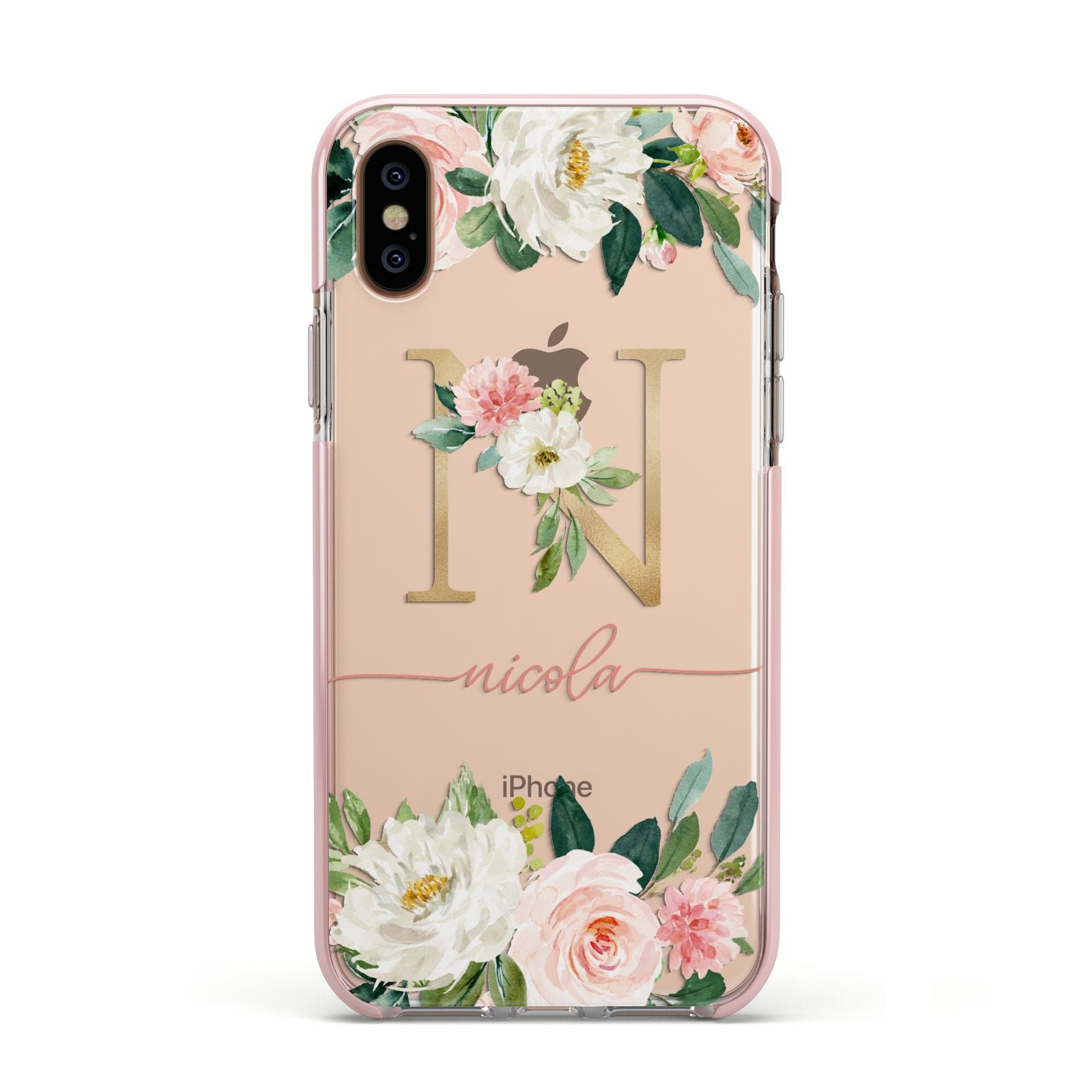 Personalised Blush Floral Monogram Apple iPhone Xs Impact Case Pink Edge on Gold Phone