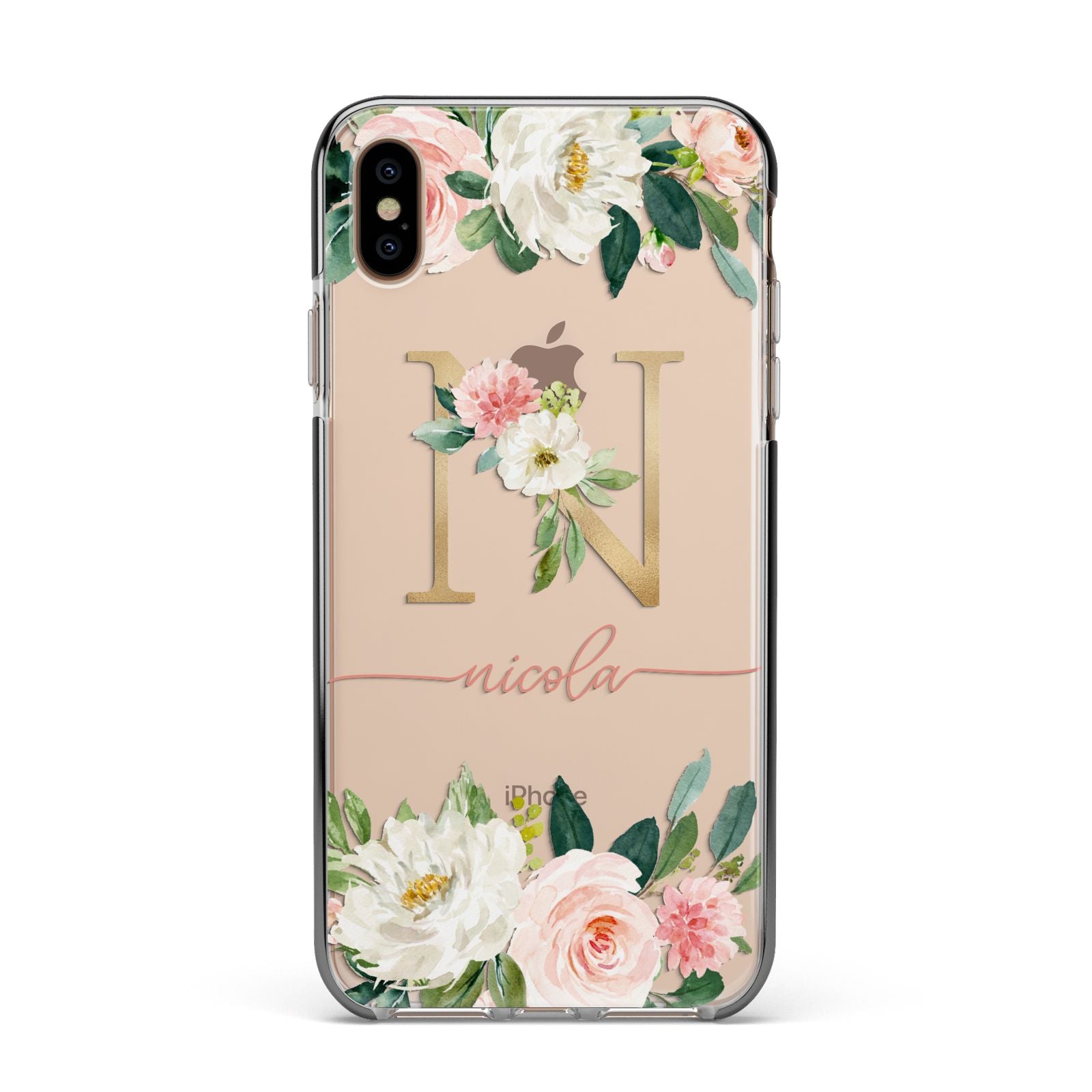 Personalised Blush Floral Monogram Apple iPhone Xs Max Impact Case Black Edge on Gold Phone