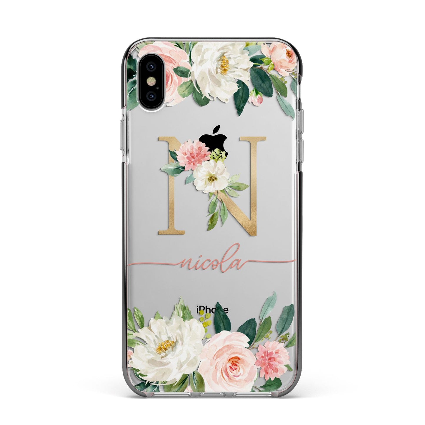 Personalised Blush Floral Monogram Apple iPhone Xs Max Impact Case Black Edge on Silver Phone
