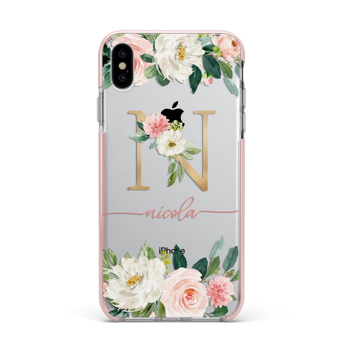 Personalised Blush Floral Monogram Apple iPhone Xs Max Impact Case Pink Edge on Silver Phone