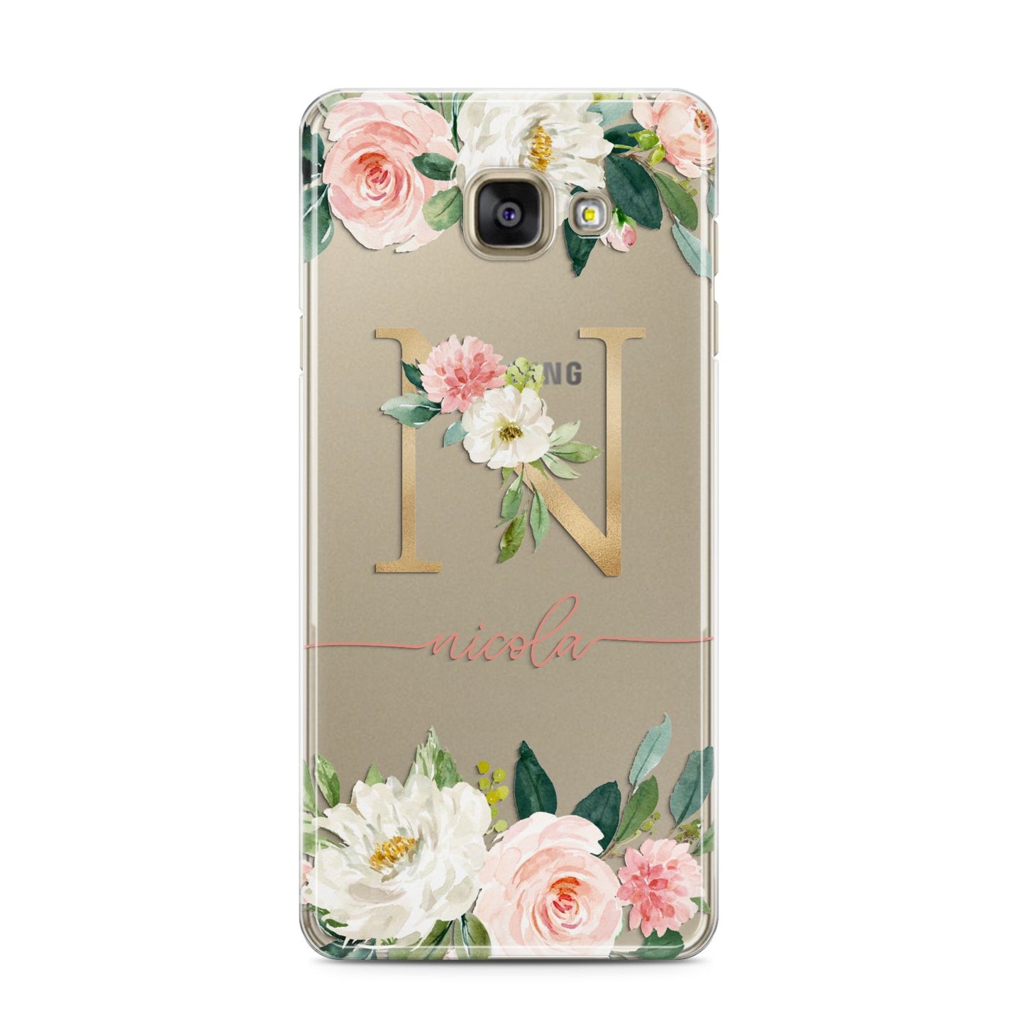 Personalised Blush Floral Monogram Samsung Galaxy A3 2016 Case on gold phone