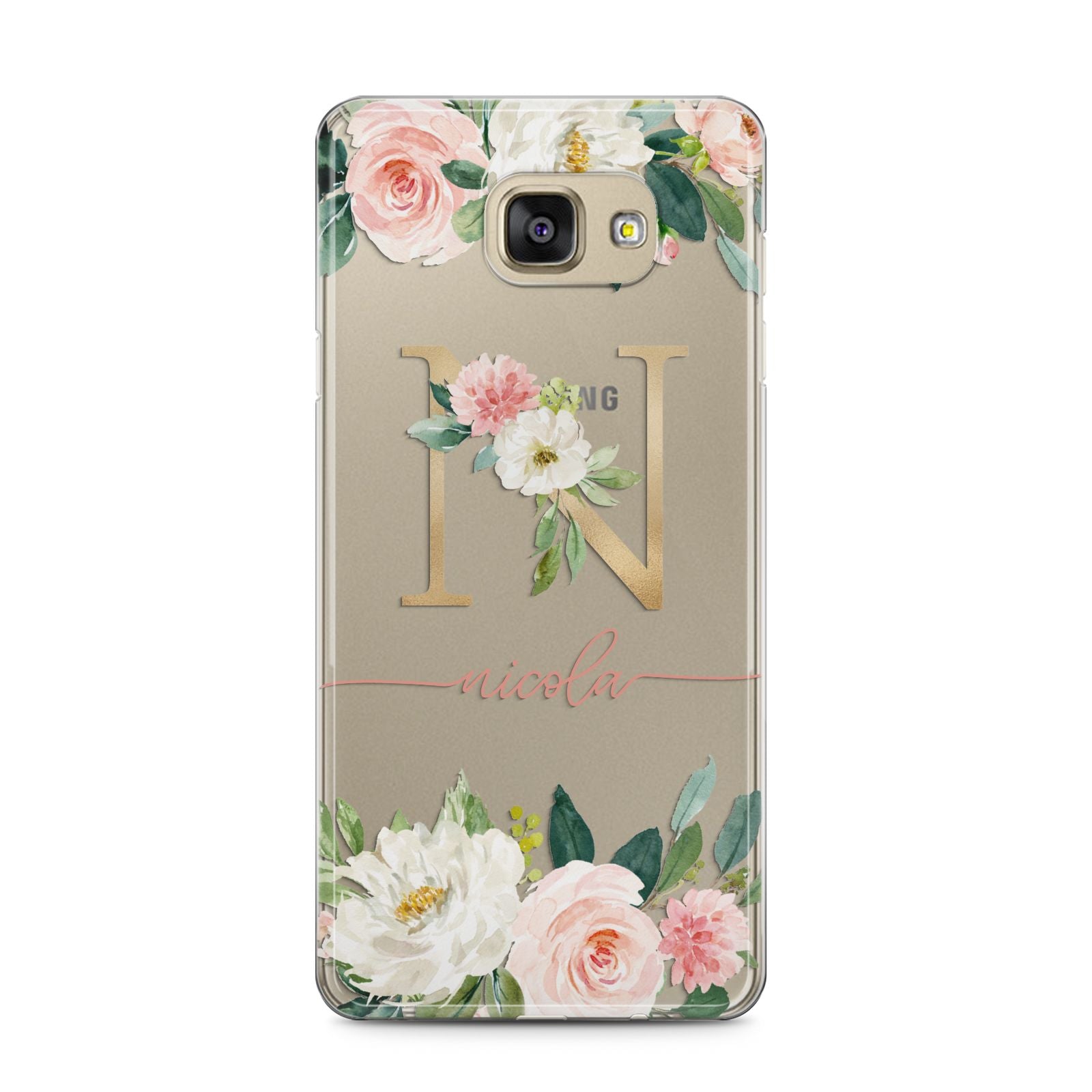 Personalised Blush Floral Monogram Samsung Galaxy A5 2016 Case on gold phone