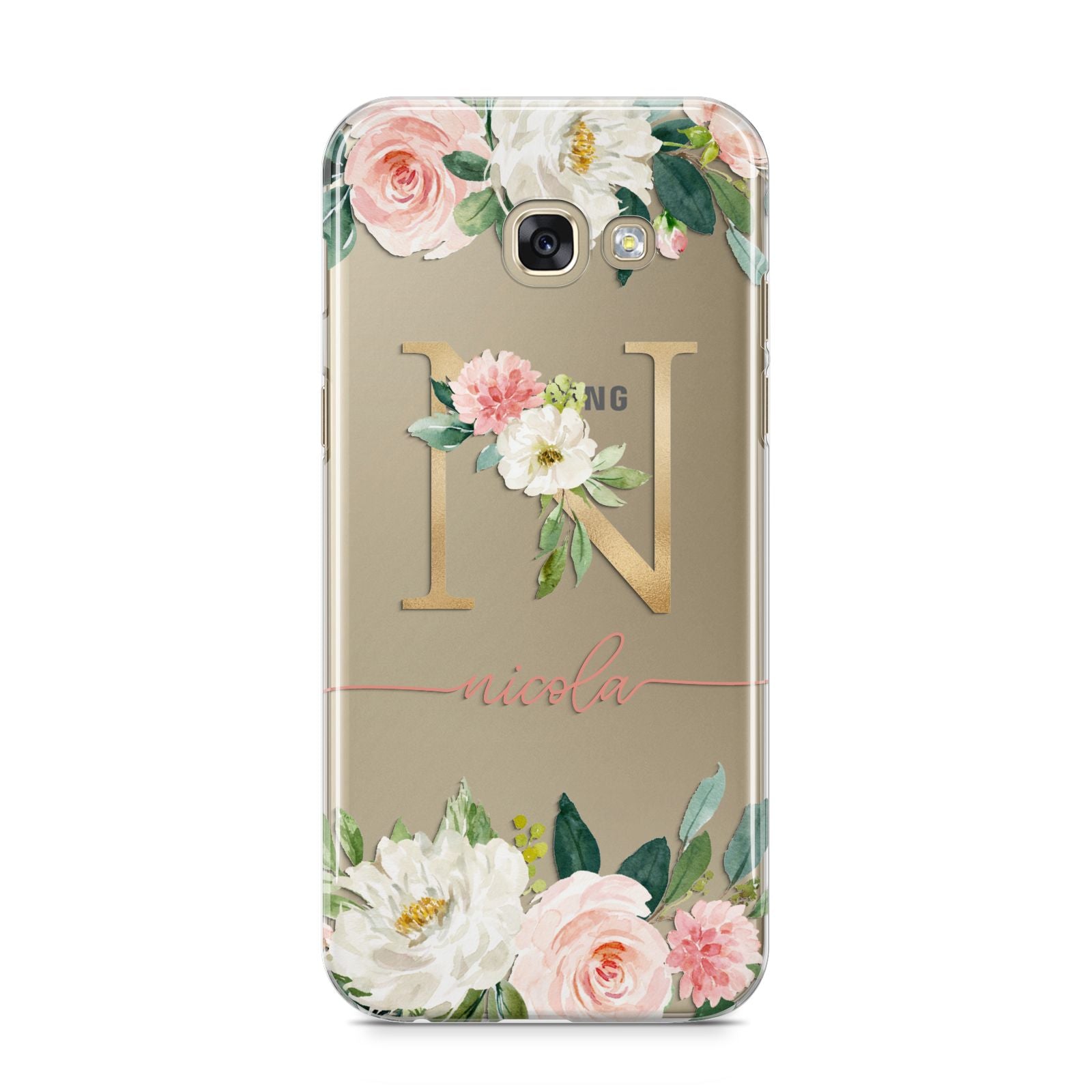 Personalised Blush Floral Monogram Samsung Galaxy A5 2017 Case on gold phone