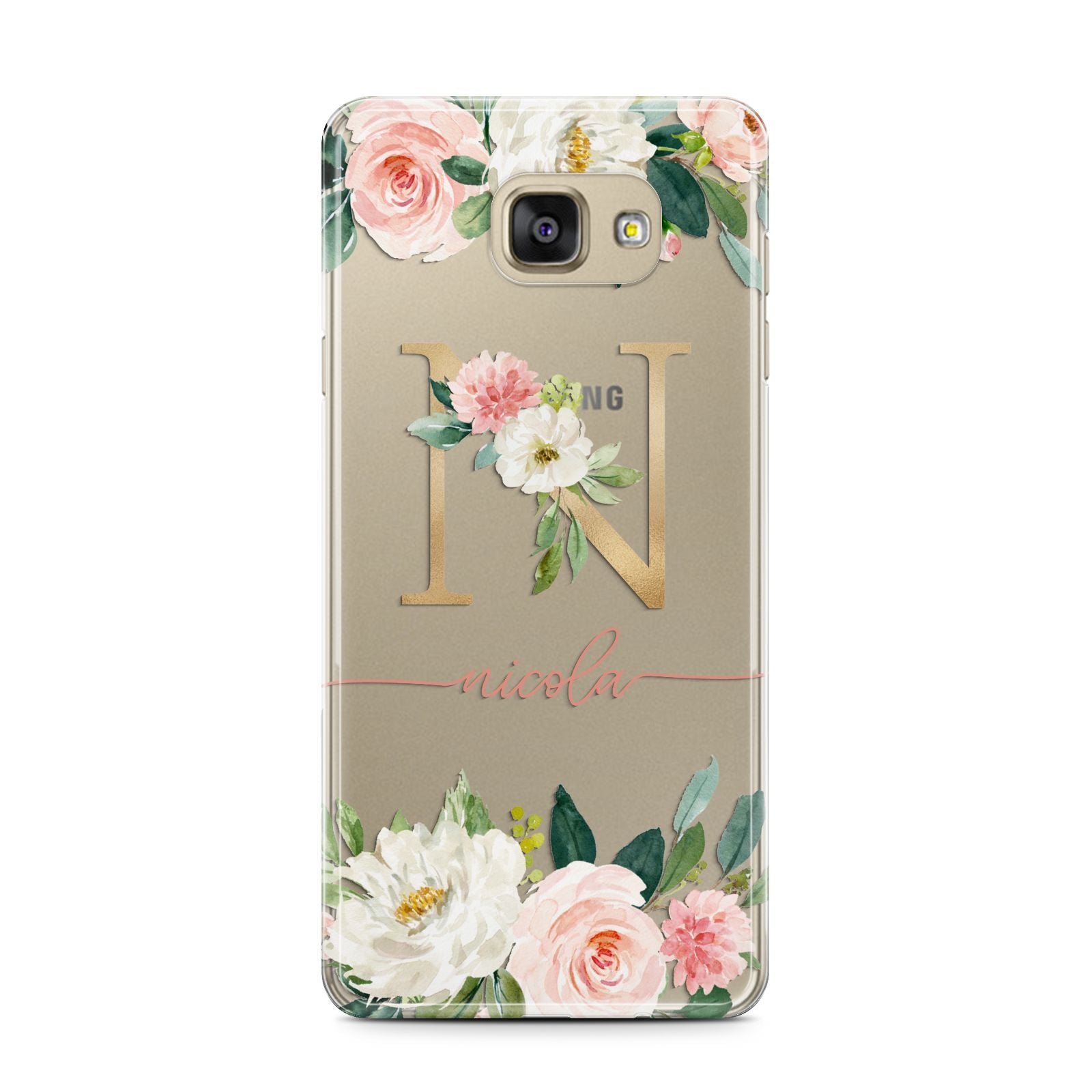 Personalised Blush Floral Monogram Samsung Galaxy A7 2016 Case on gold phone