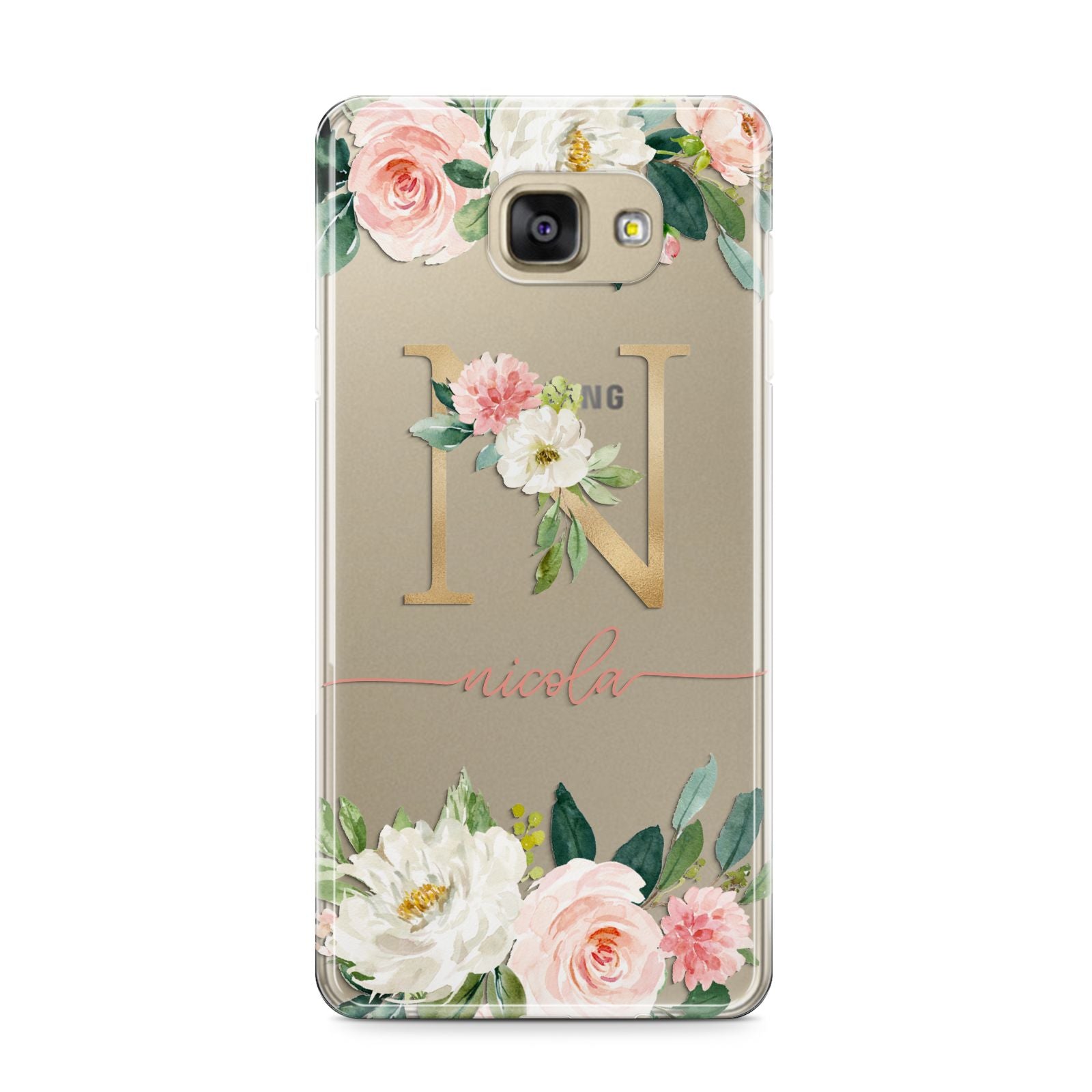 Personalised Blush Floral Monogram Samsung Galaxy A9 2016 Case on gold phone