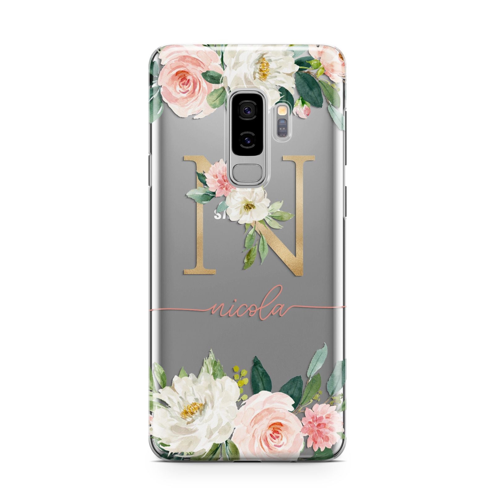 Personalised Blush Floral Monogram Samsung Galaxy S9 Plus Case on Silver phone