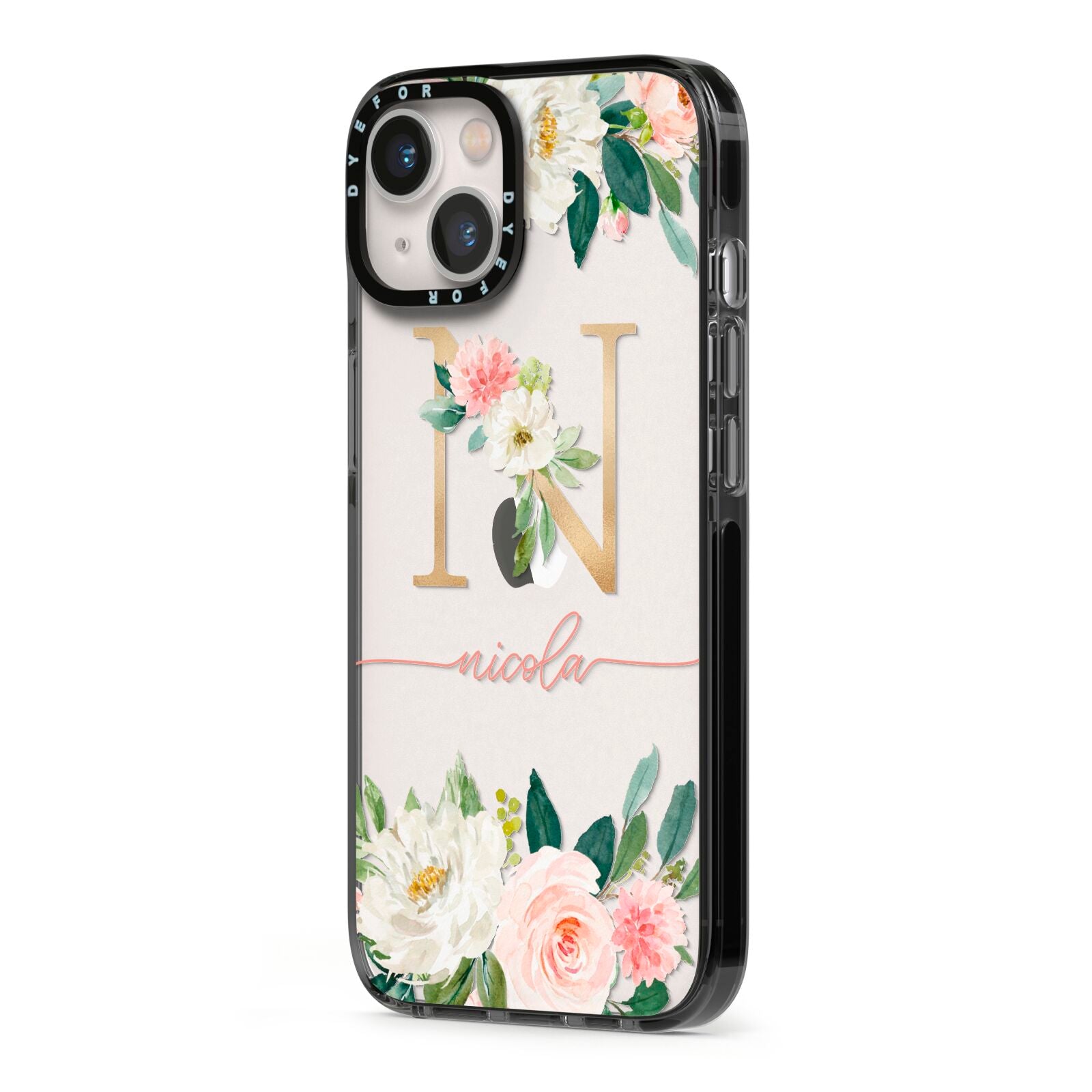 Personalised Blush Floral Monogram iPhone 13 Black Impact Case Side Angle on Silver phone