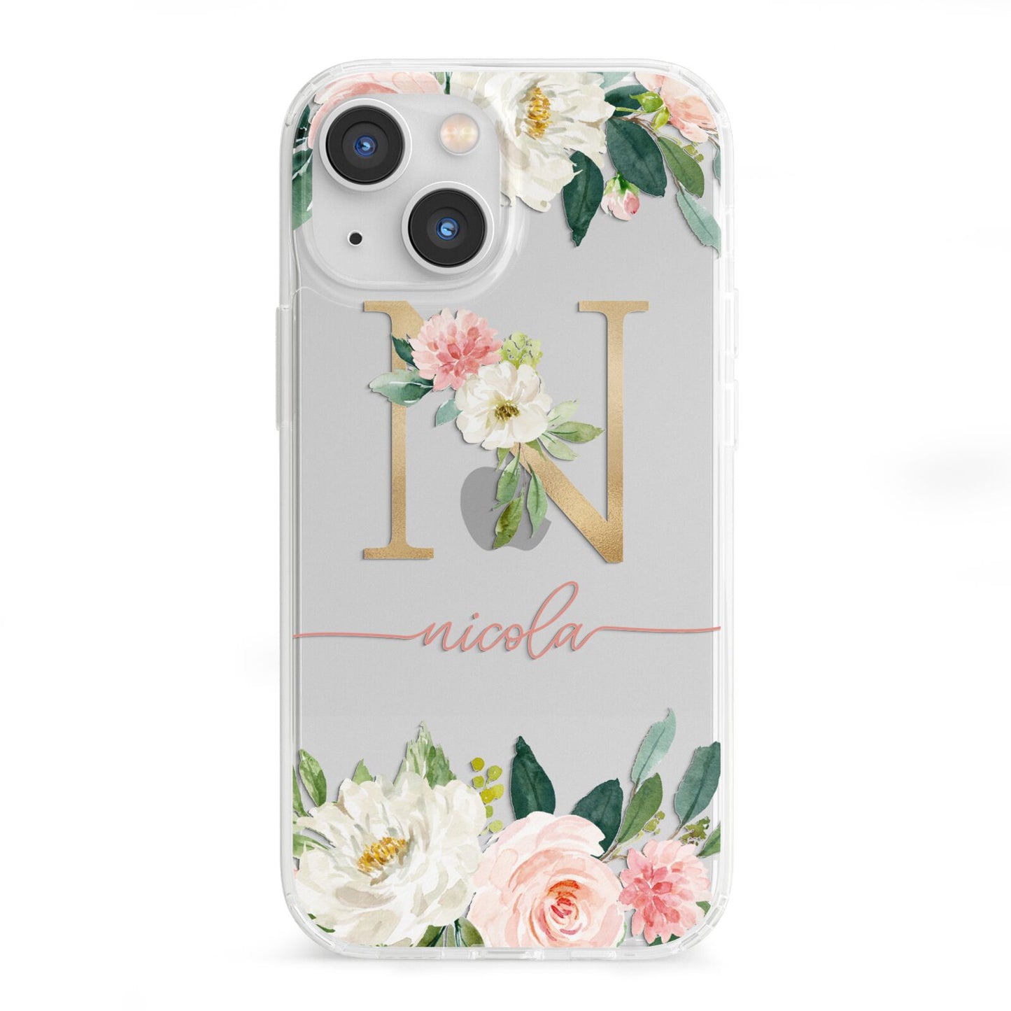 Personalised Blush Floral Monogram iPhone 13 Mini Clear Bumper Case