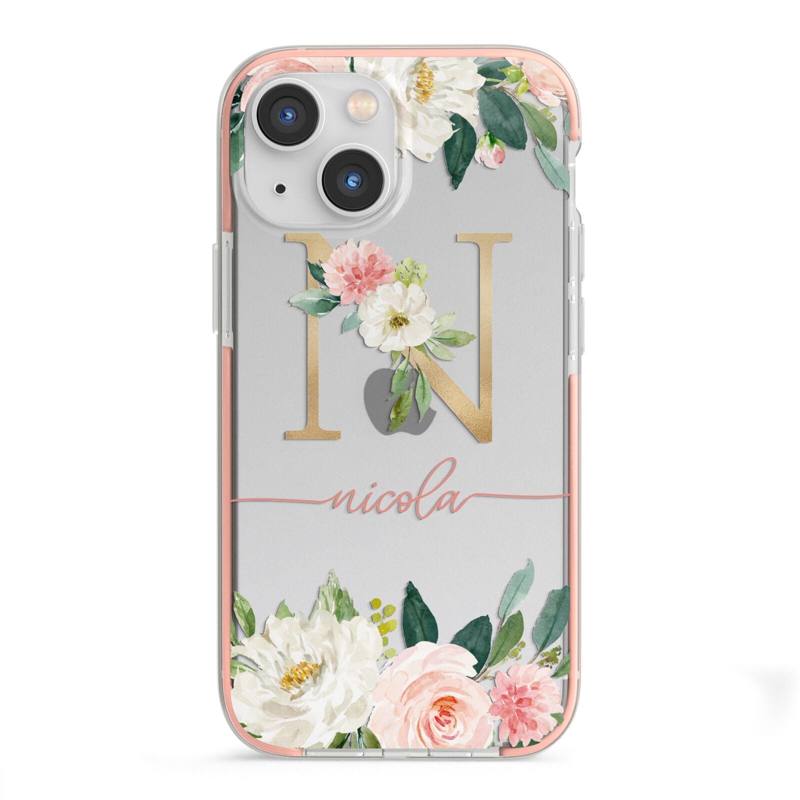 Personalised Blush Floral Monogram iPhone 13 Mini TPU Impact Case with Pink Edges