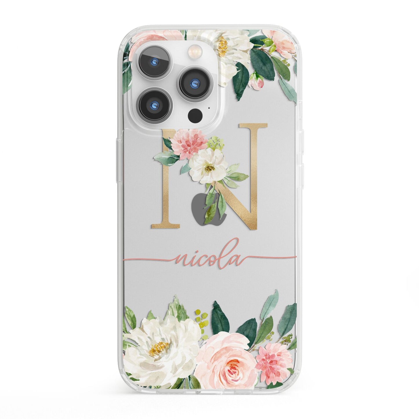 Personalised Blush Floral Monogram iPhone 13 Pro Clear Bumper Case