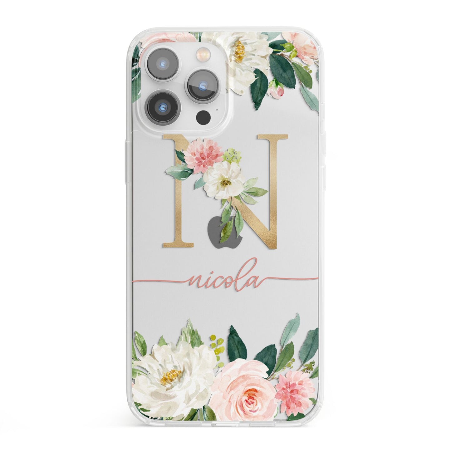 Personalised Blush Floral Monogram iPhone 13 Pro Max Clear Bumper Case
