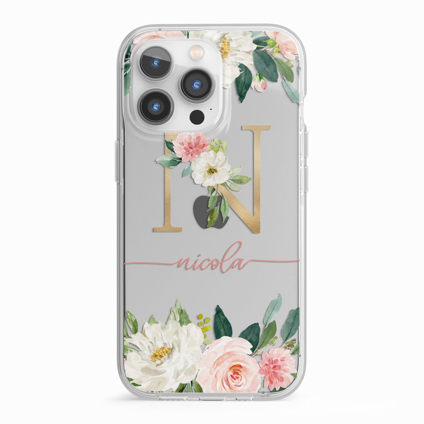 Personalised Blush Floral Monogram iPhone 13 Pro TPU Impact Case with White Edges