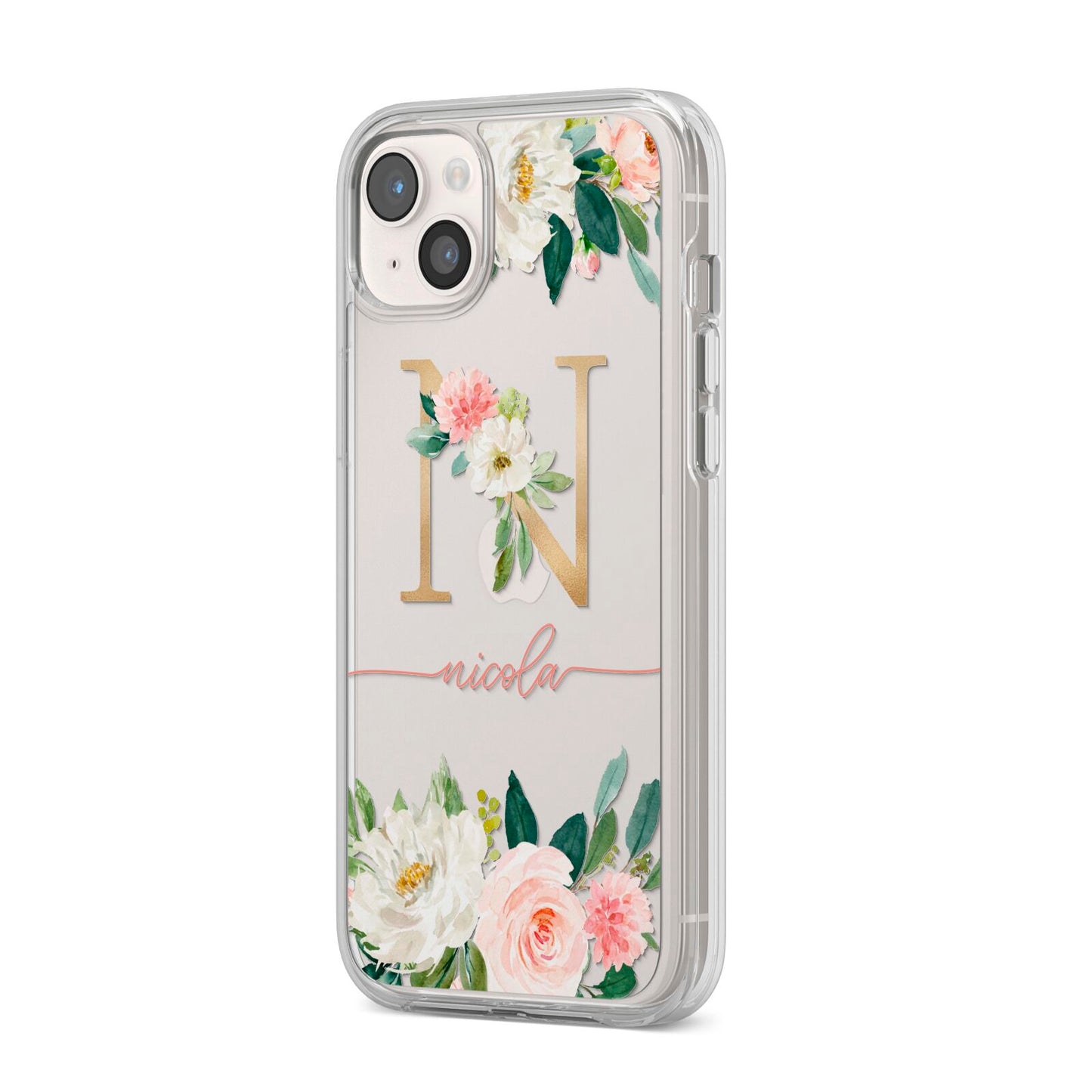 Personalised Blush Floral Monogram iPhone 14 Plus Clear Tough Case Starlight Angled Image