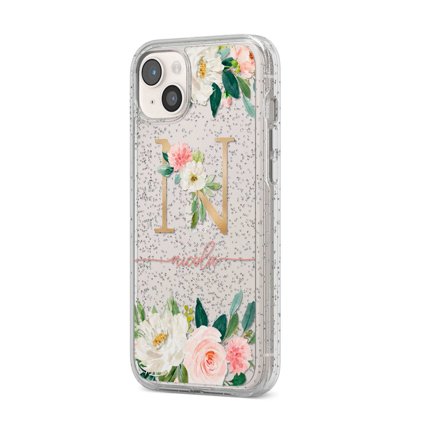 Personalised Blush Floral Monogram iPhone 14 Plus Glitter Tough Case Starlight Angled Image
