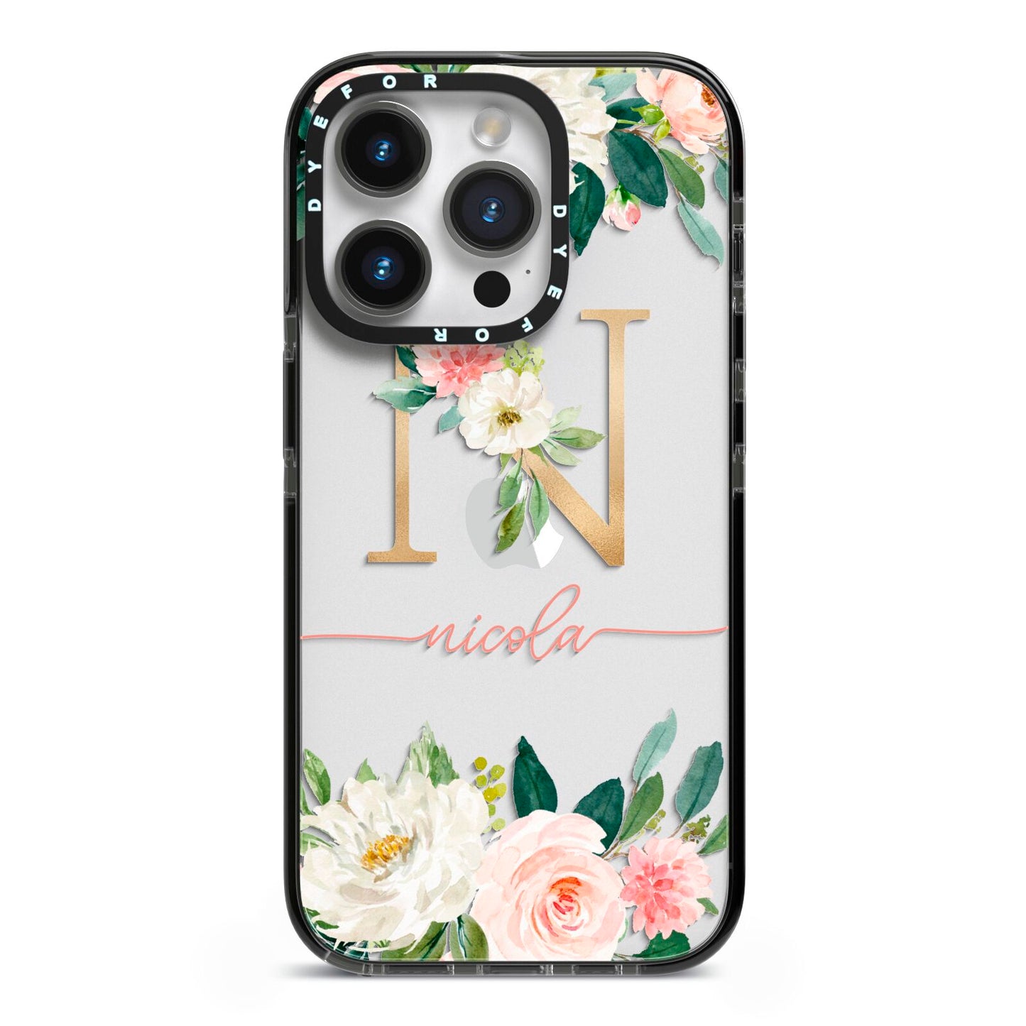 Personalised Blush Floral Monogram iPhone 14 Pro Black Impact Case on Silver phone