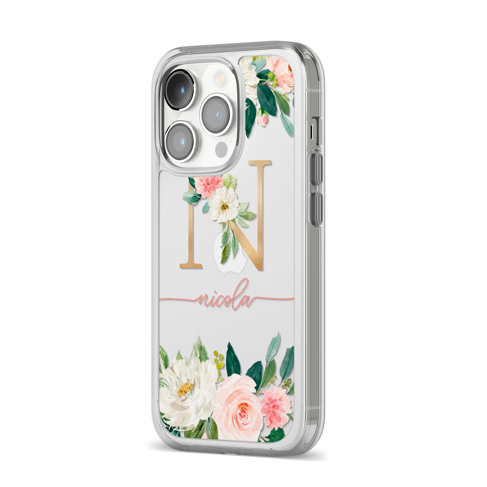 Personalised Blush Floral Monogram iPhone 14 Pro Clear Tough Case Silver Angled Image