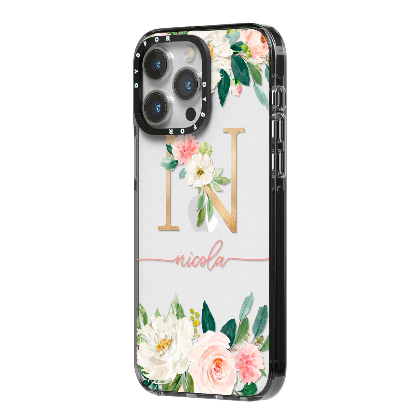 Personalised Blush Floral Monogram iPhone 14 Pro Max Black Impact Case Side Angle on Silver phone