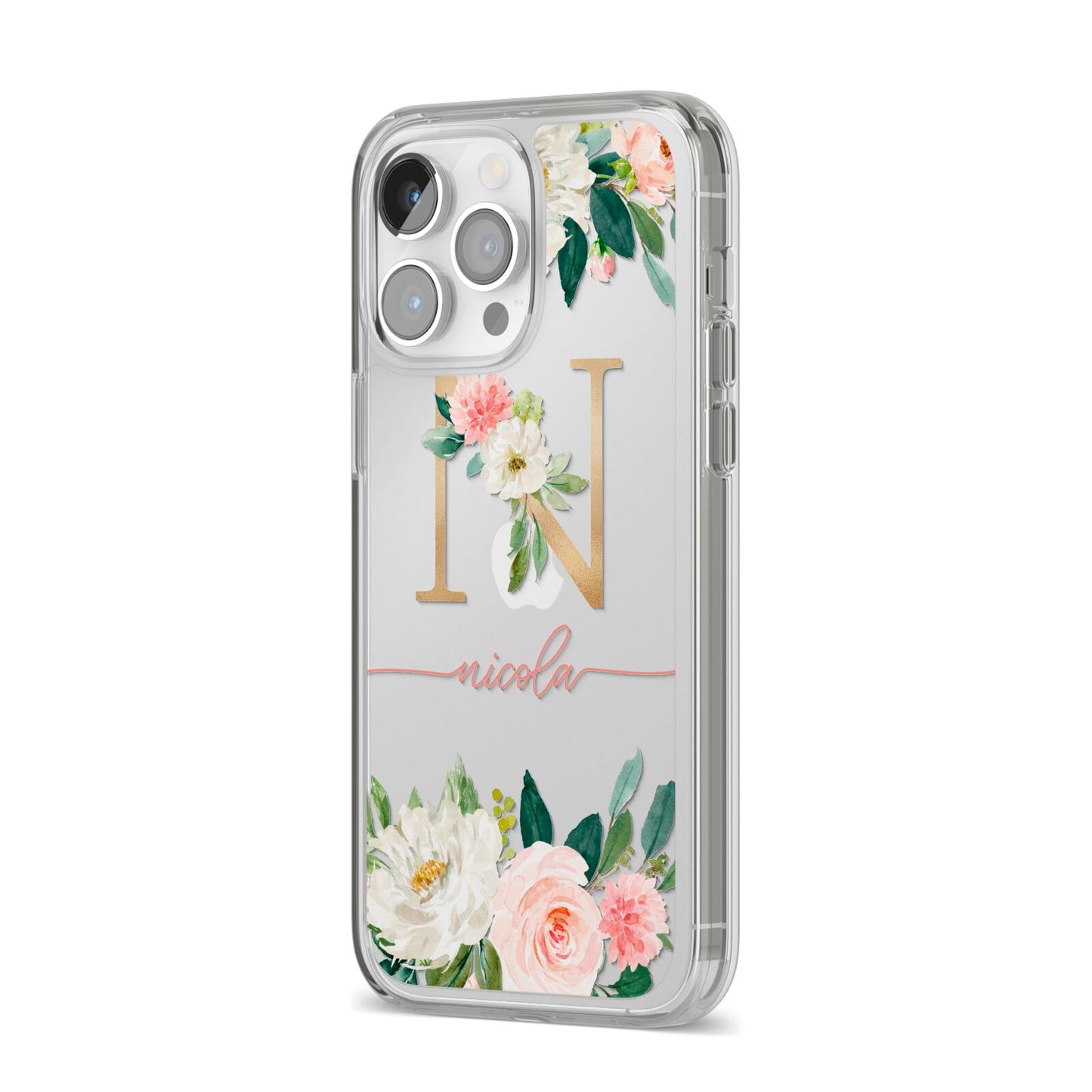 Personalised Blush Floral Monogram iPhone 14 Pro Max Clear Tough Case Silver Angled Image