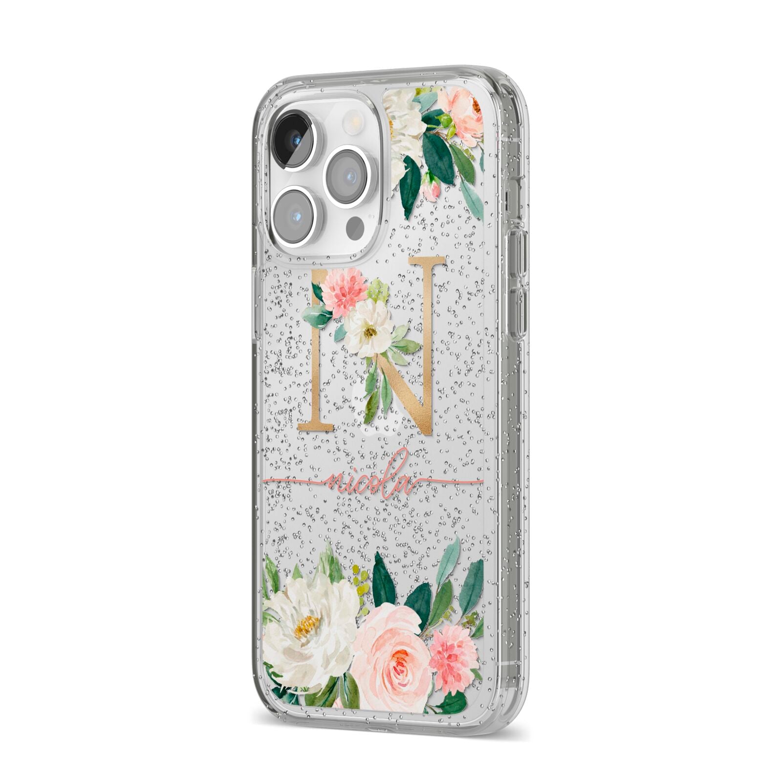 Personalised Blush Floral Monogram iPhone 14 Pro Max Glitter Tough Case Silver Angled Image