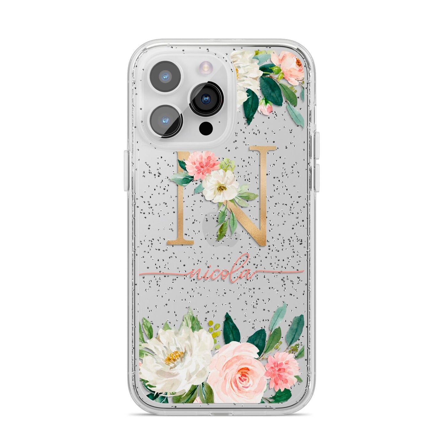 Personalised Blush Floral Monogram iPhone 14 Pro Max Glitter Tough Case Silver