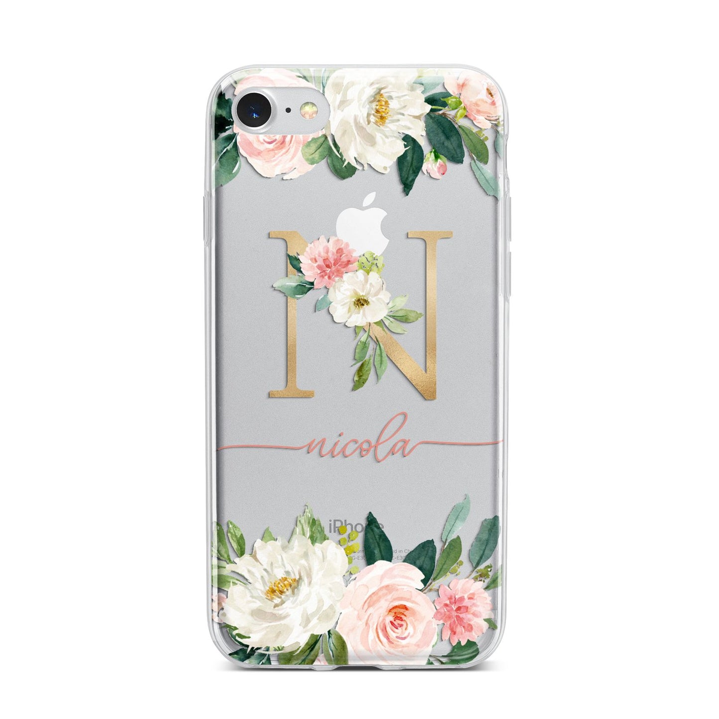 Personalised Blush Floral Monogram iPhone 7 Bumper Case on Silver iPhone