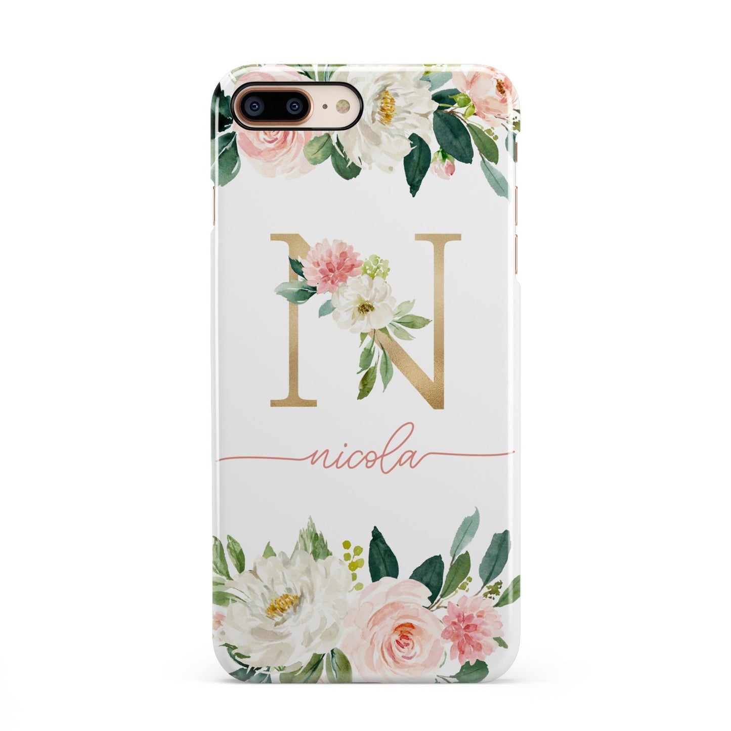Personalised Blush Floral Monogram iPhone 8 Plus 3D Snap Case on Gold Phone