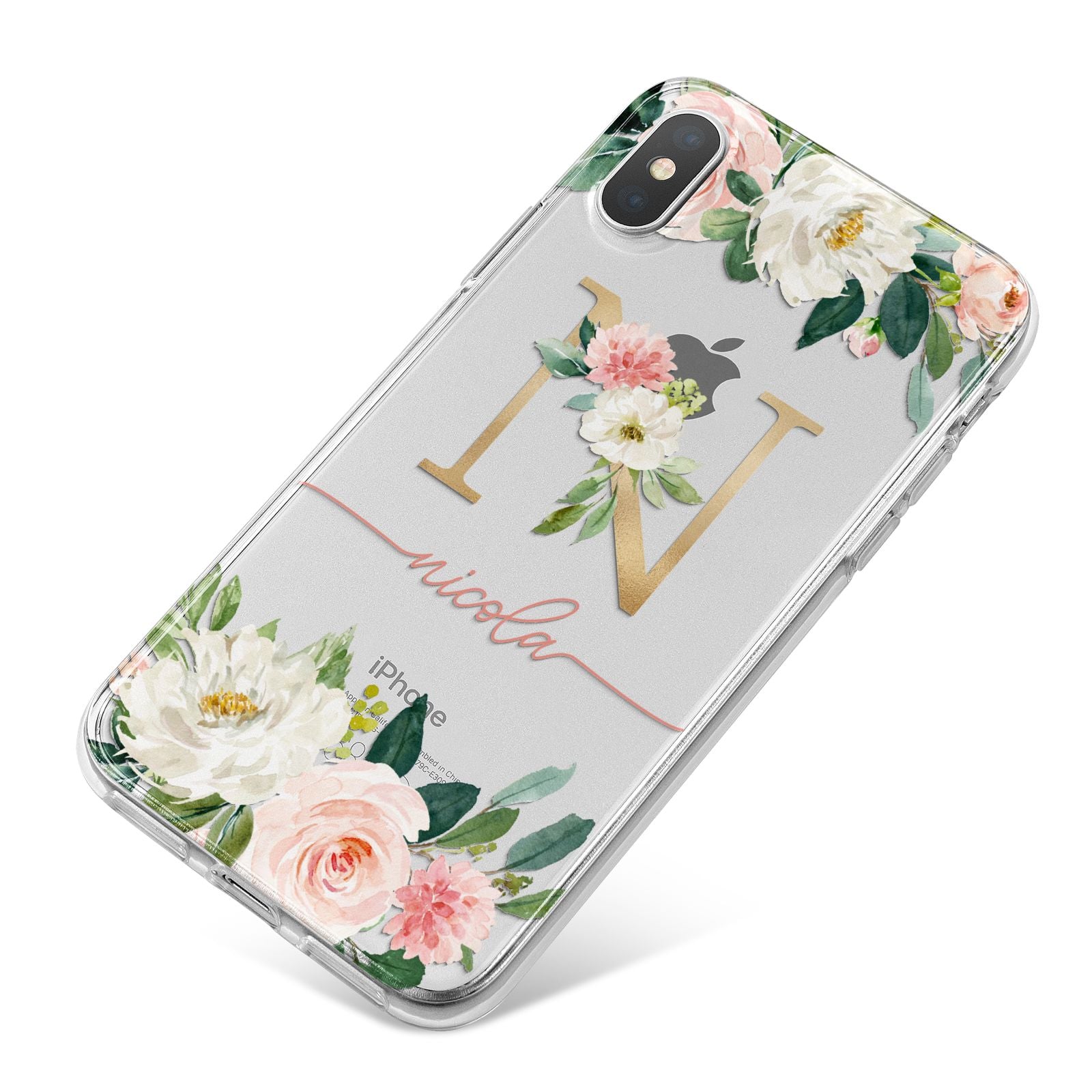 Personalised Blush Floral Monogram iPhone X Bumper Case on Silver iPhone