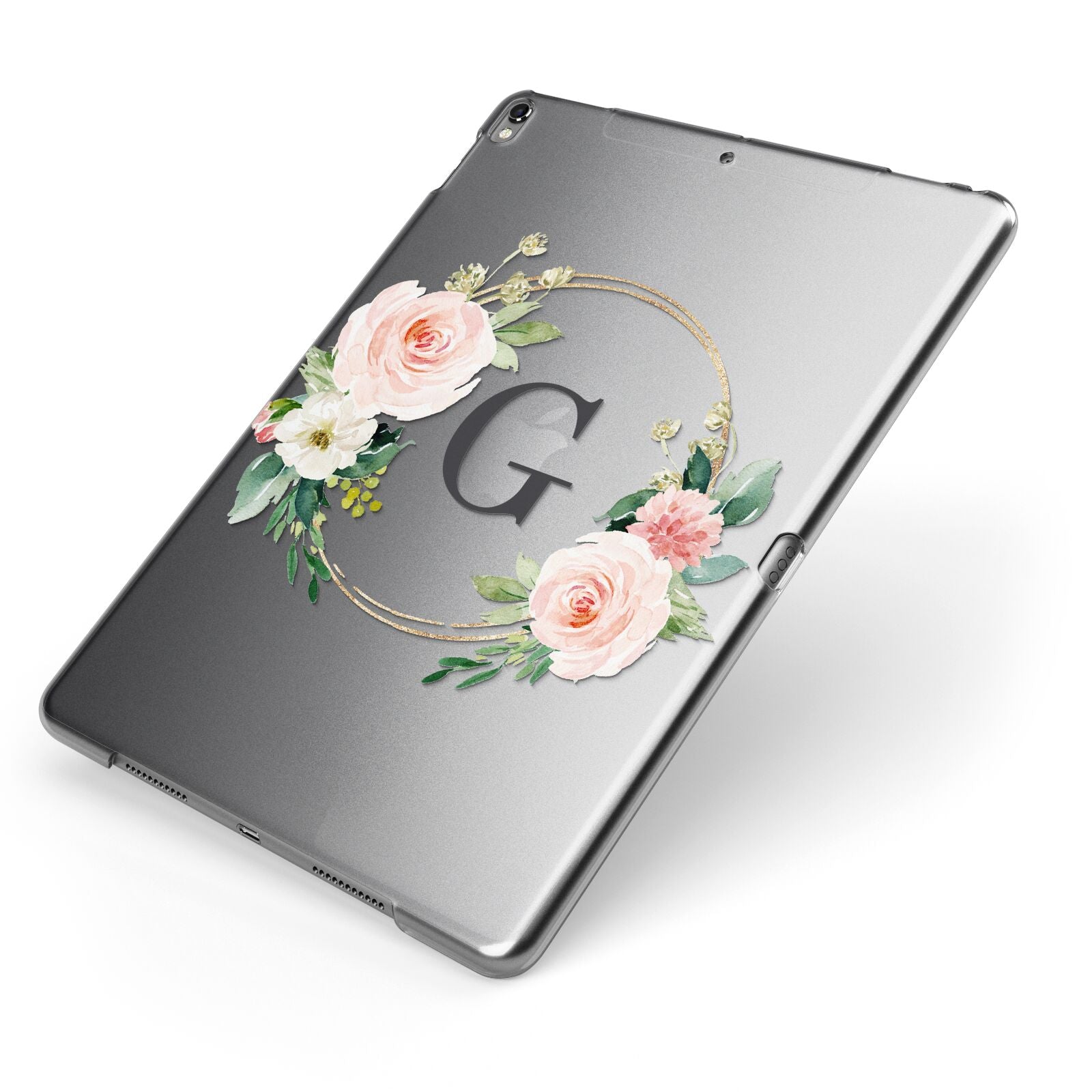 Personalised Blush Floral Wreath Apple iPad Case on Grey iPad Side View