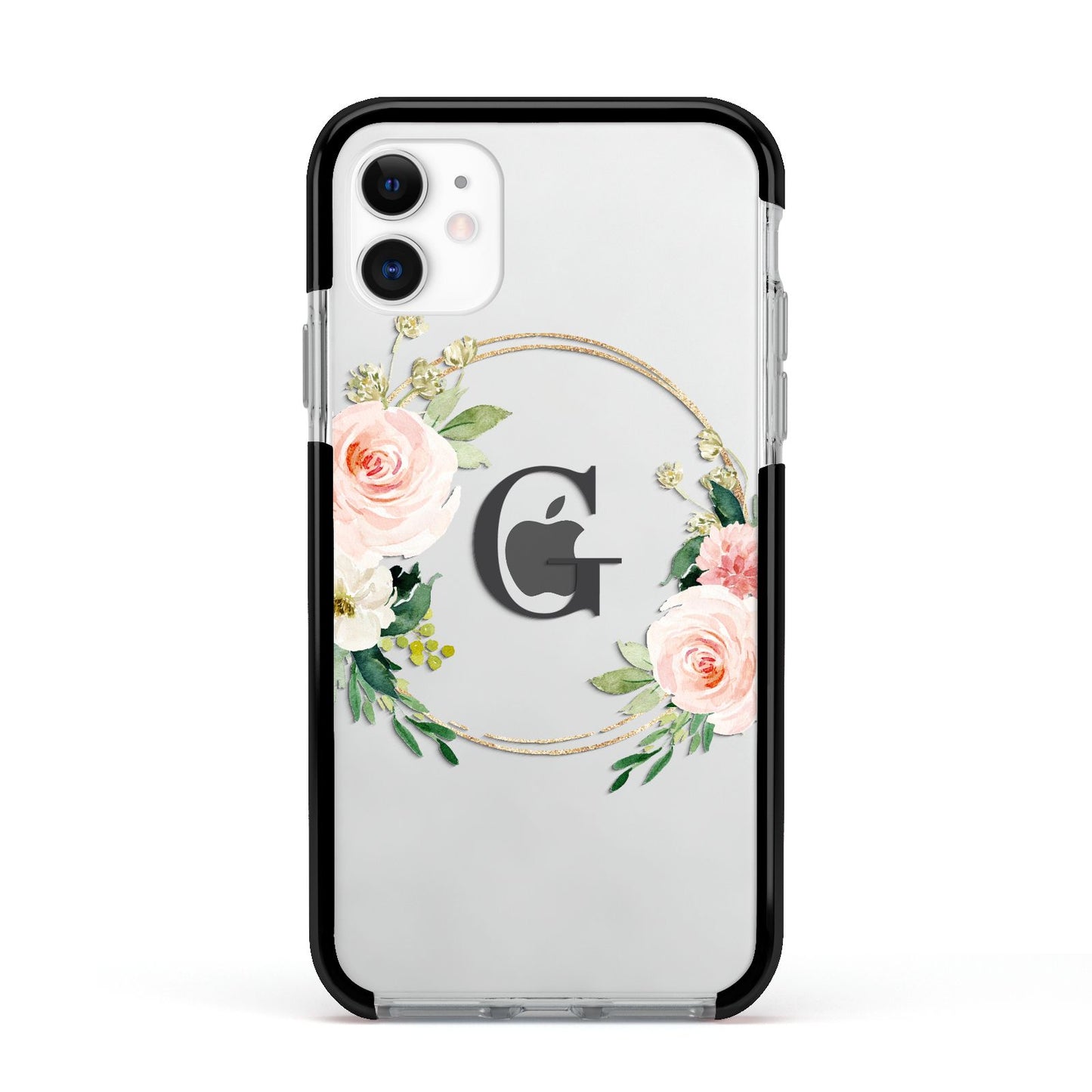 Personalised Blush Floral Wreath Apple iPhone 11 in White with Black Impact Case