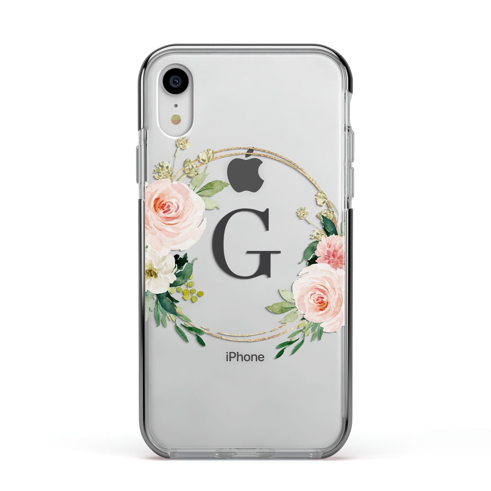 Personalised Blush Floral Wreath Apple iPhone XR Impact Case Black Edge on Silver Phone