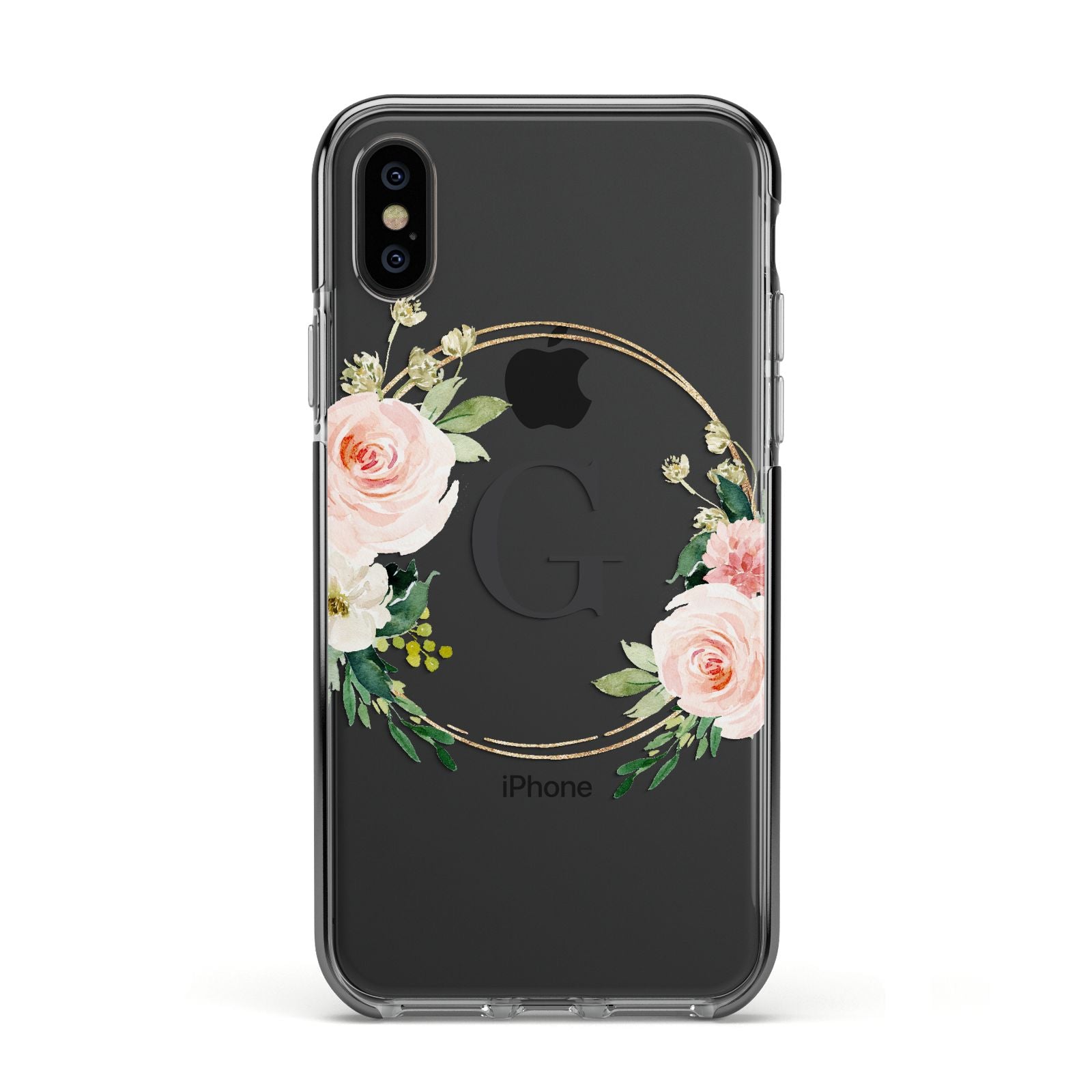 Personalised Blush Floral Wreath Apple iPhone Xs Impact Case Black Edge on Black Phone