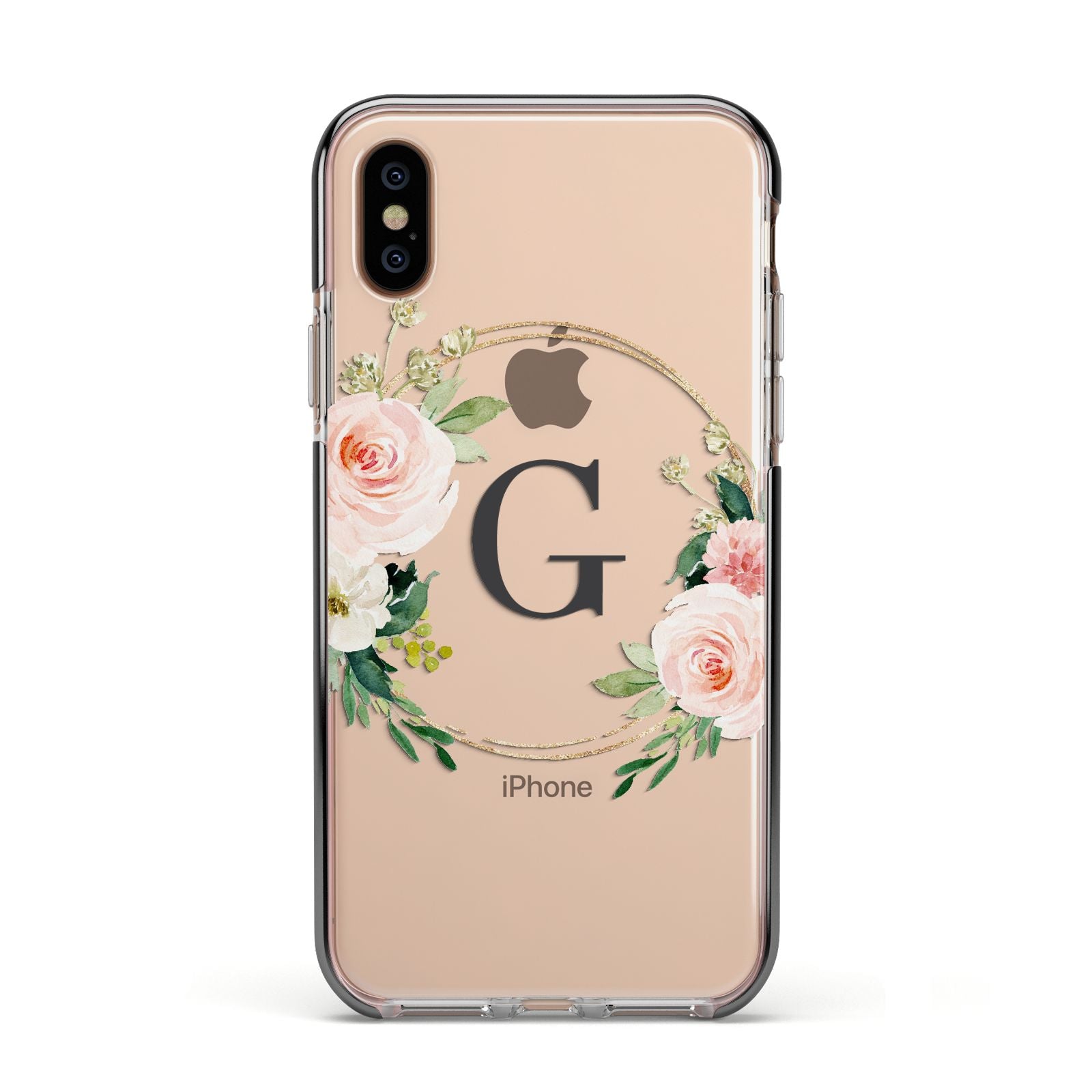 Personalised Blush Floral Wreath Apple iPhone Xs Impact Case Black Edge on Gold Phone